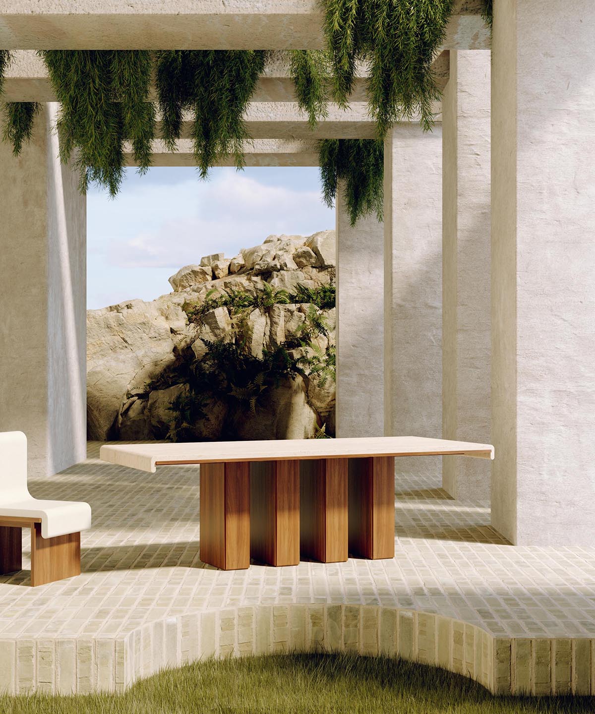 A modern wood-base dining table and matching chair.