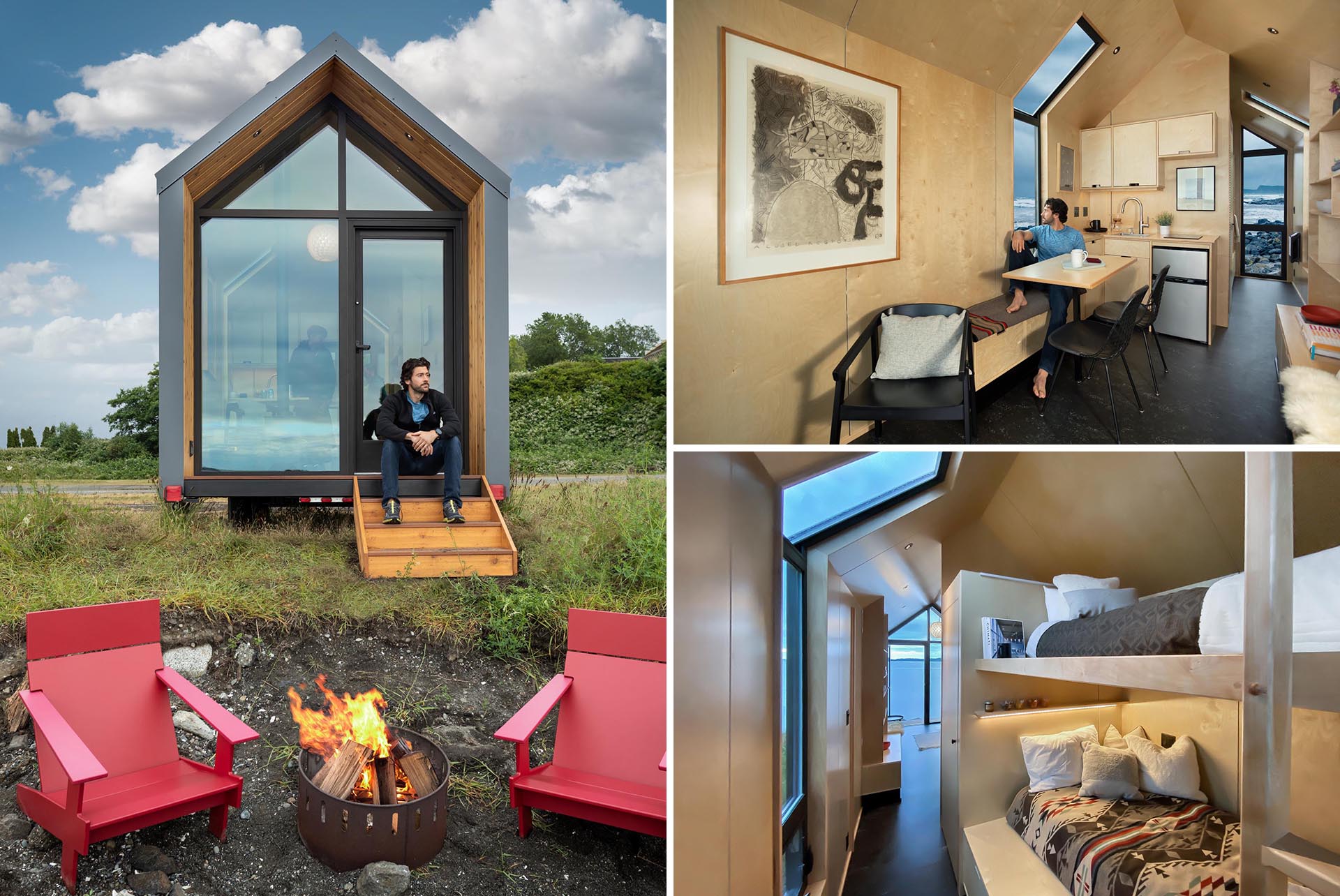 A modern tiny home with a small porch, a birch plywood interior, and bunk beds.