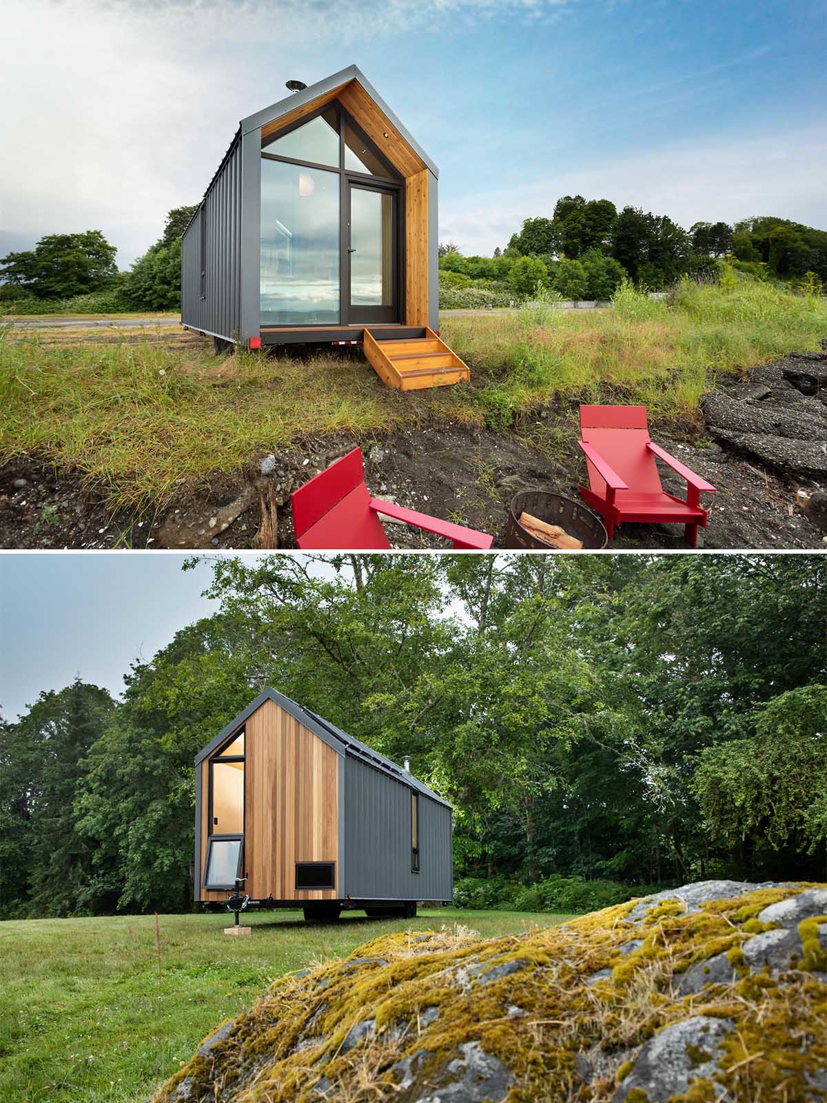 This modern tiny home has a solar array on the roof equipped with batteries, standing-seam metal siding, and cedar accents.