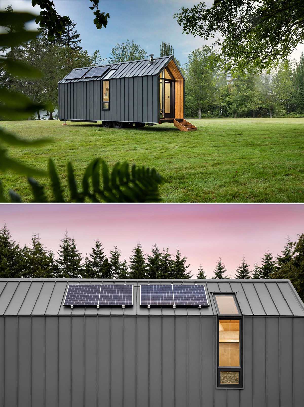 This modern tiny home has a solar array on the roof equipped with batteries, standing-seam metal siding, and cedar accents.