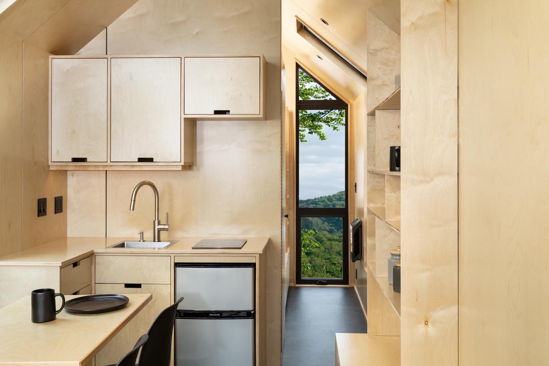 Pre-finished birch-faced plywood has been used in the kitchen of this tiny home to create the hardware free, soft close cabinets. There's also an electric refrigerator and induction single-burner cooktop.