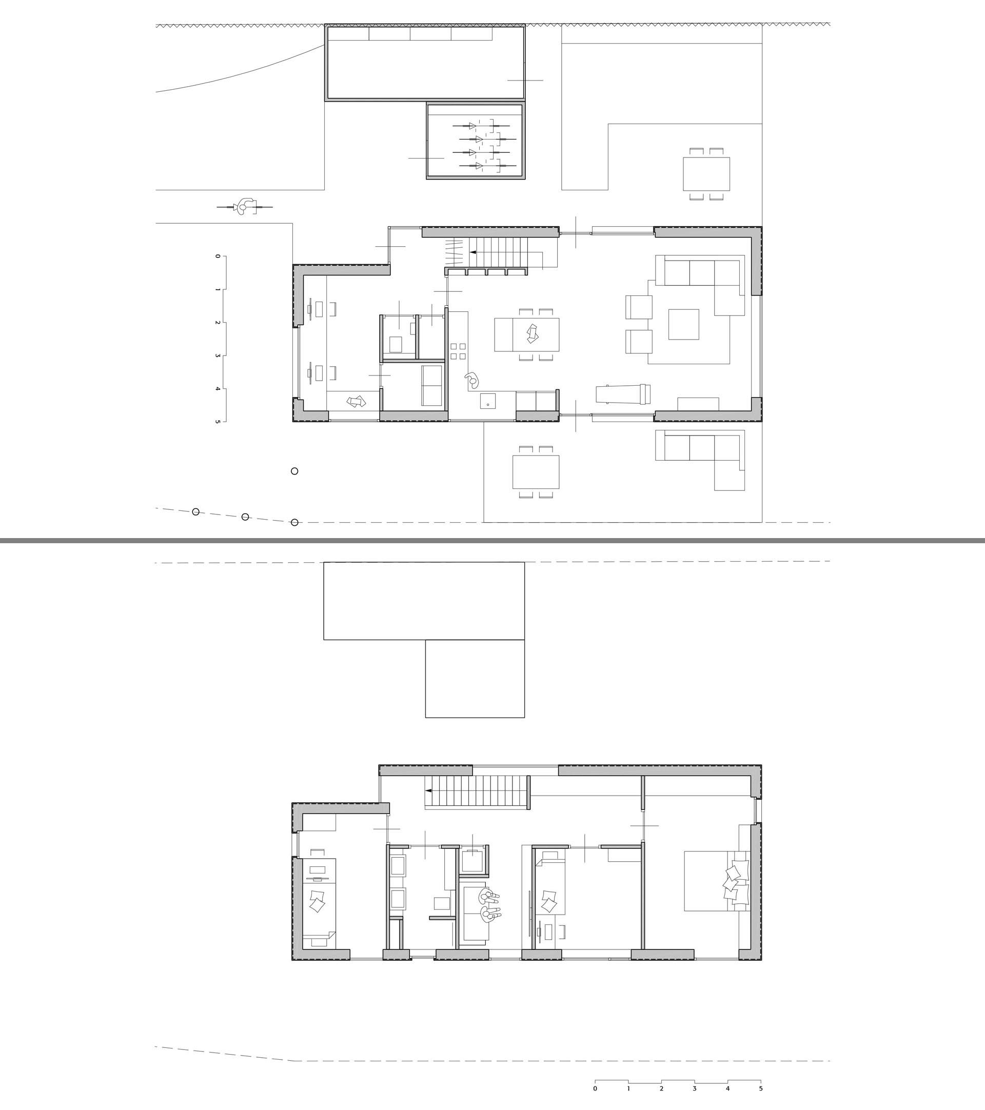 The floor plan of a modern prefab home with two floors.