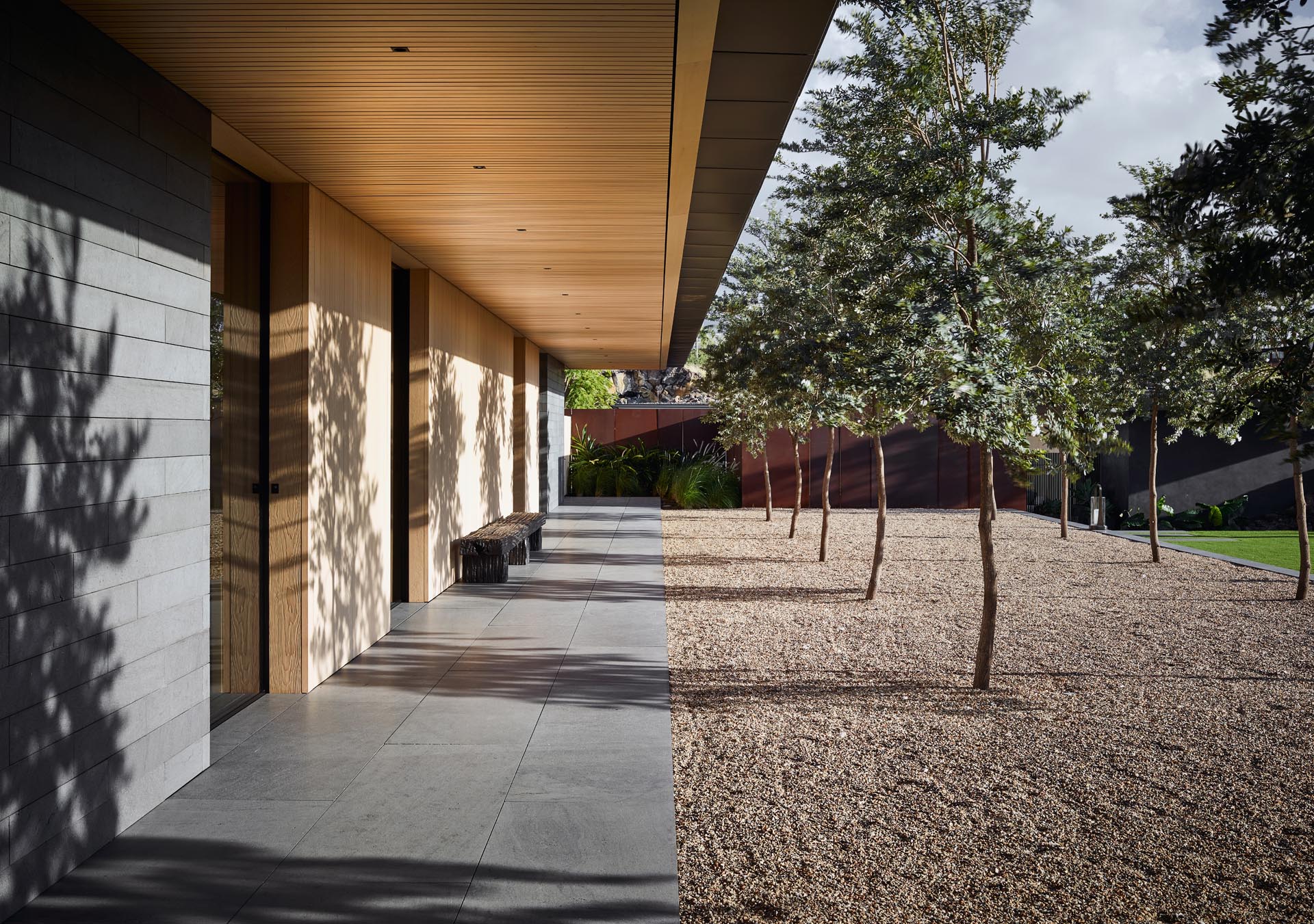 A home with a courtyard and covered path.