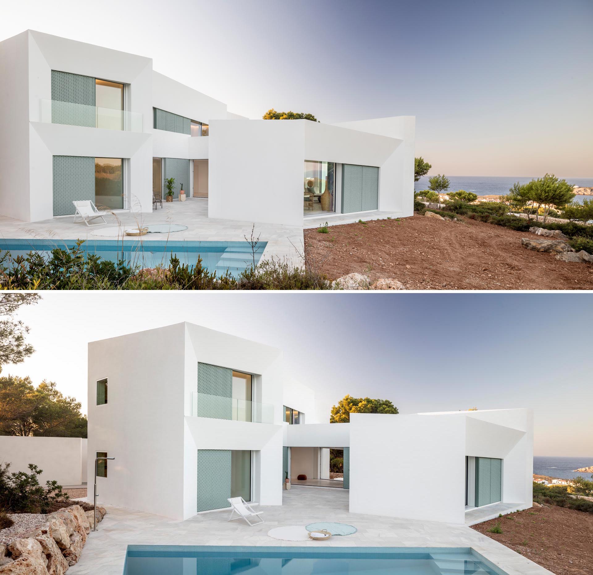 A modern white home on an island with pastel turquoise perforated aluminum screens.