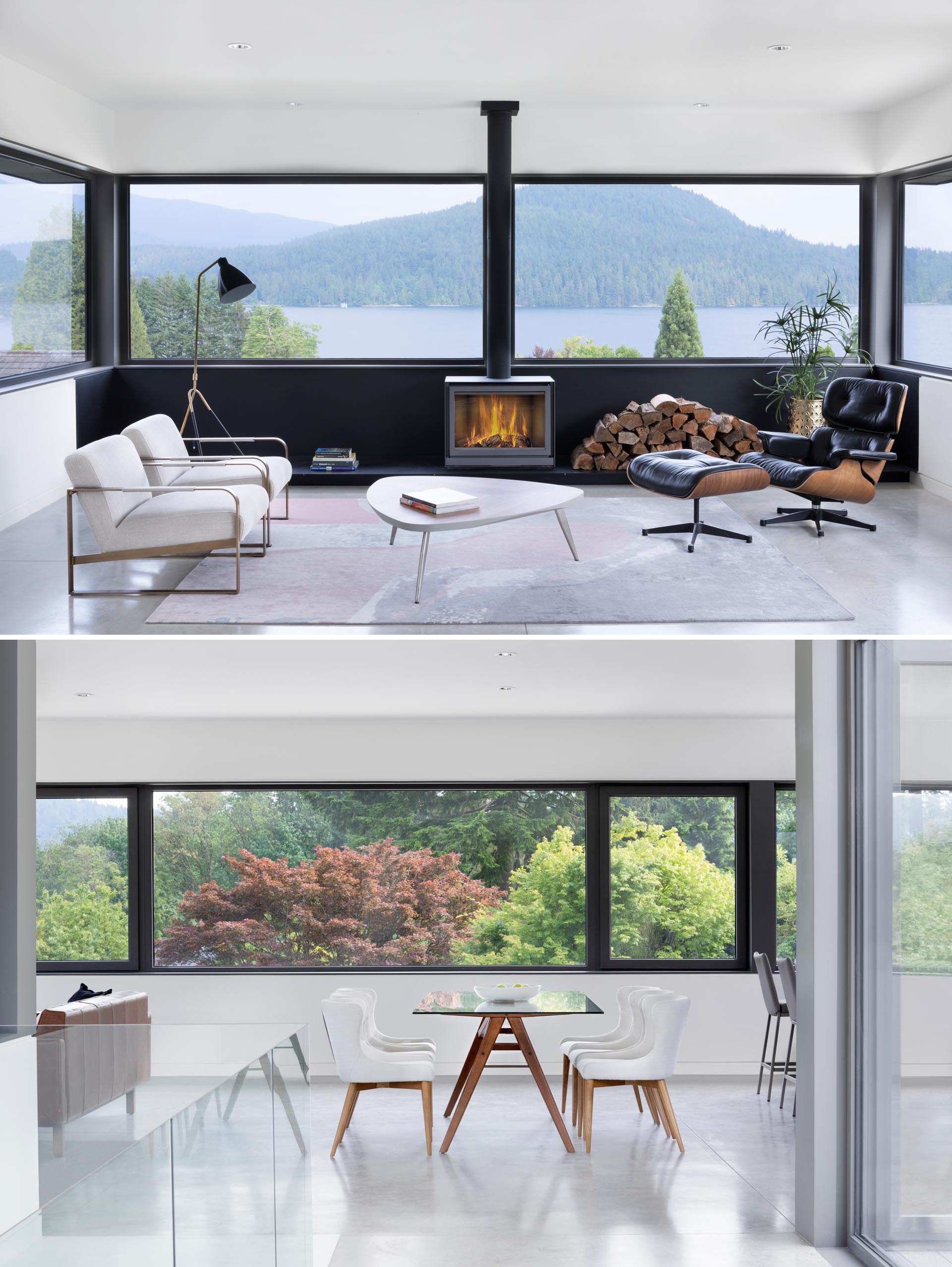 A modern home interior with wrap around windows.