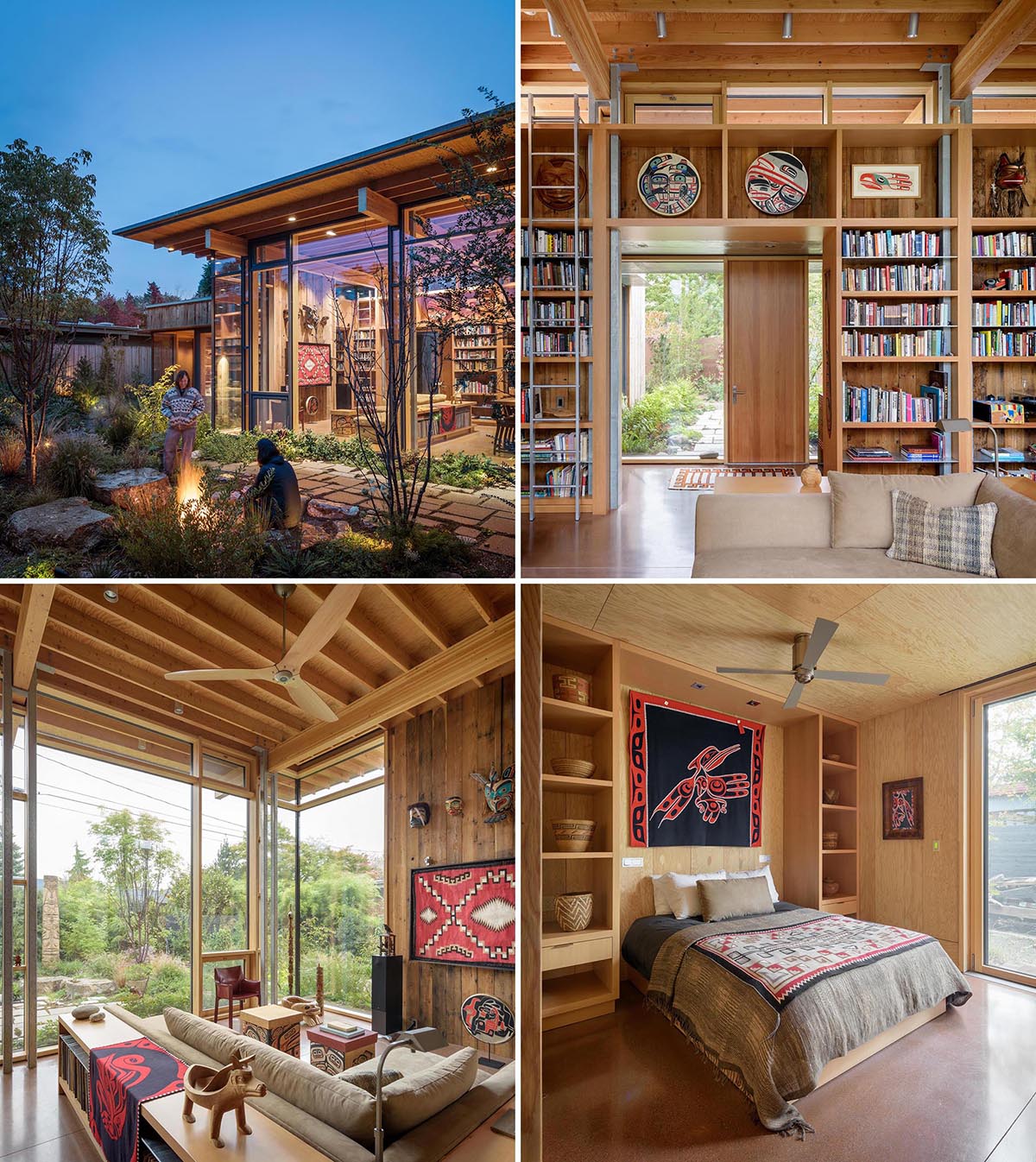 A modern wood cabin with large windows and custom shelving.