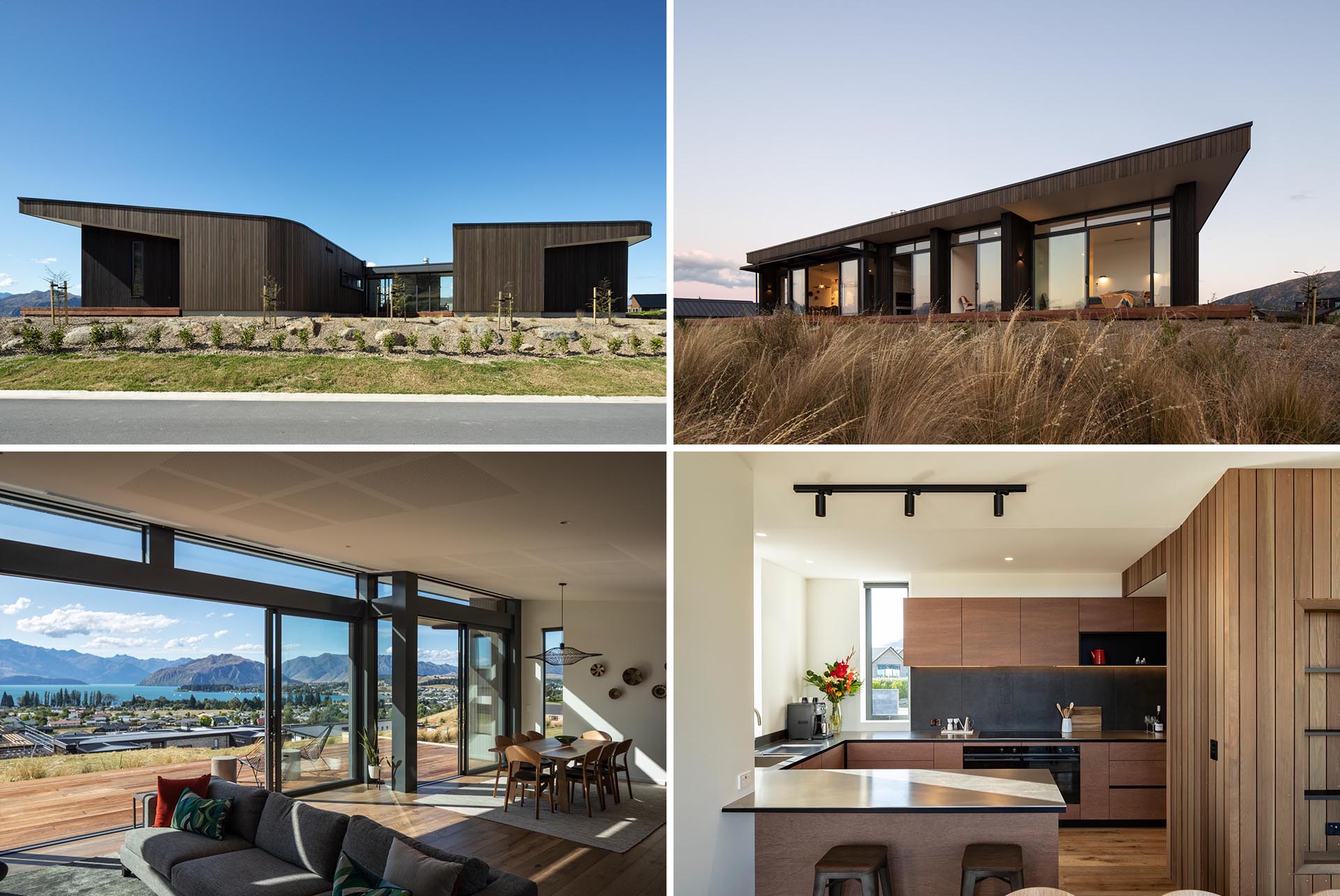 A modern home with a mono-pitched roof, curve-edged, cedar-clad walls, and an interior that opens to outdoor spaces.