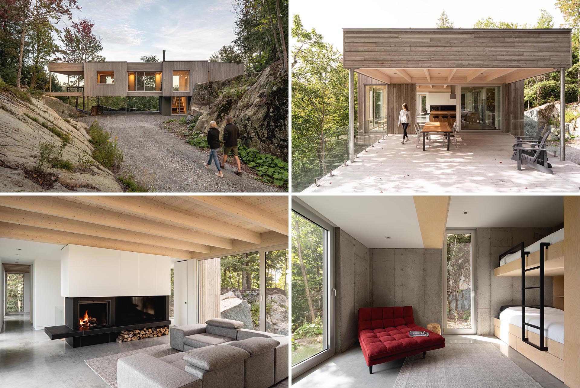 A modern home in the forest that's clad in eastern white cedar, and has polished concrete floors and wood details inside.