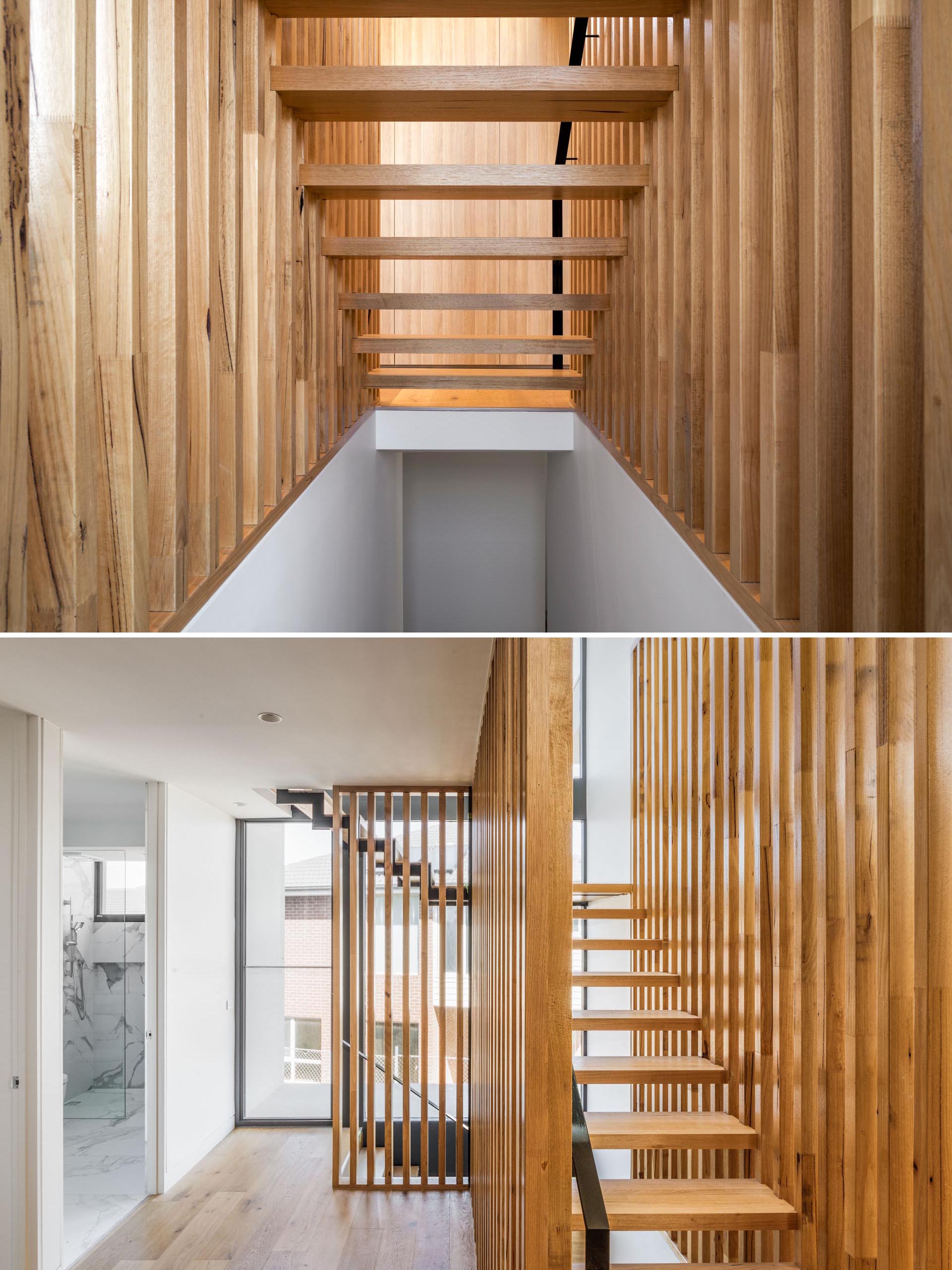 Cầu thang này có bậc cầu thang bằng gỗ chắc chắn nằm hoàn hảo giữa các thanh gỗ dọc dài mà không cần dây treo cầu thang.