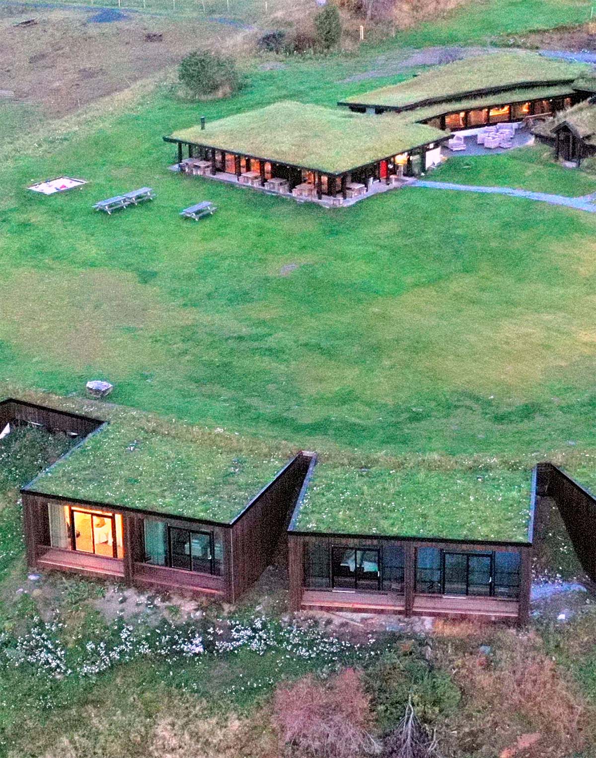 The Øyna Cultural Landscape Hotel in Norway blends into the hillside.