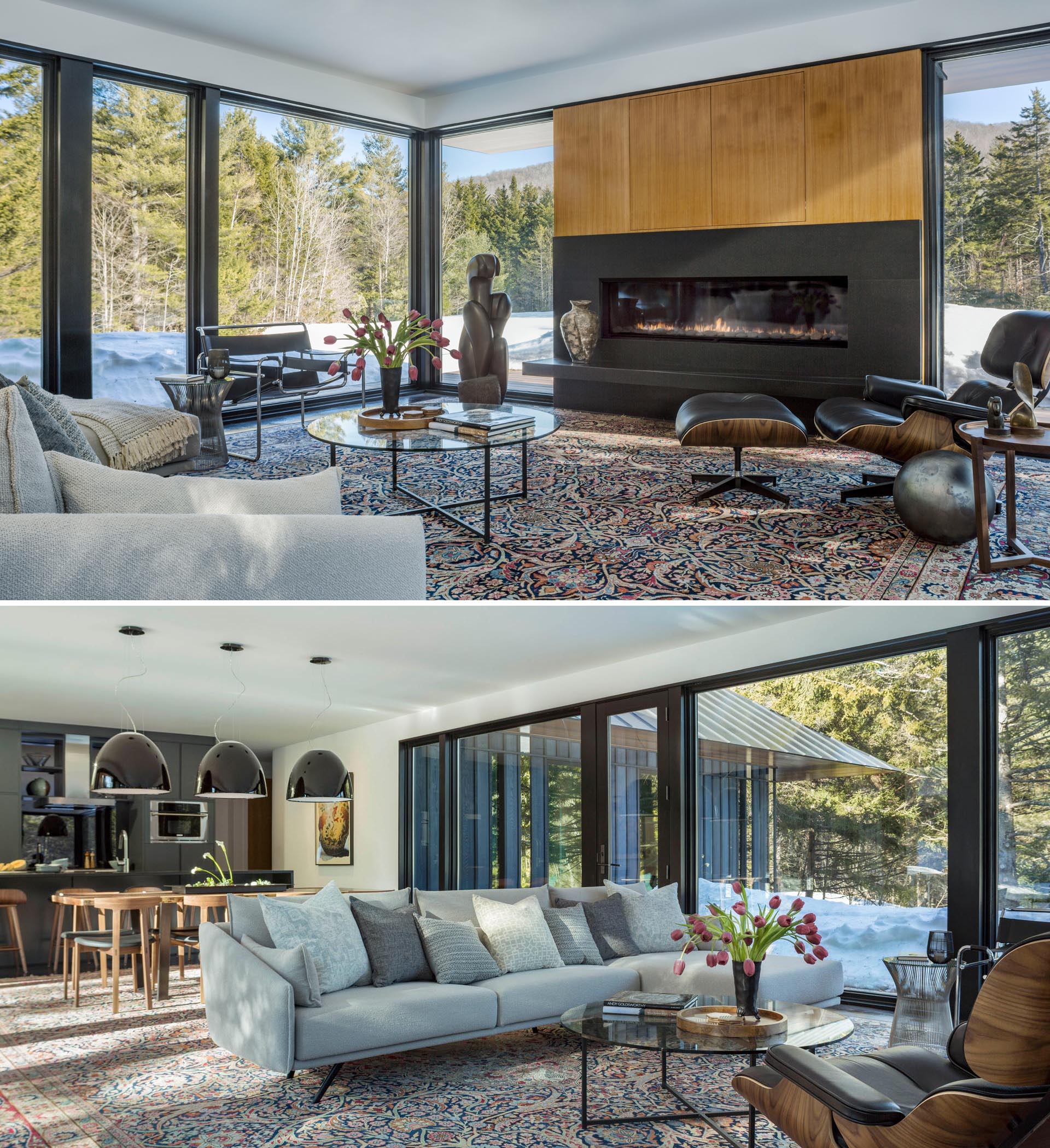 In this modern living room, floor-to-ceiling windows provide ample views of the surrounding meadow and forest, while the large linear fireplace creates a focal point in the room.