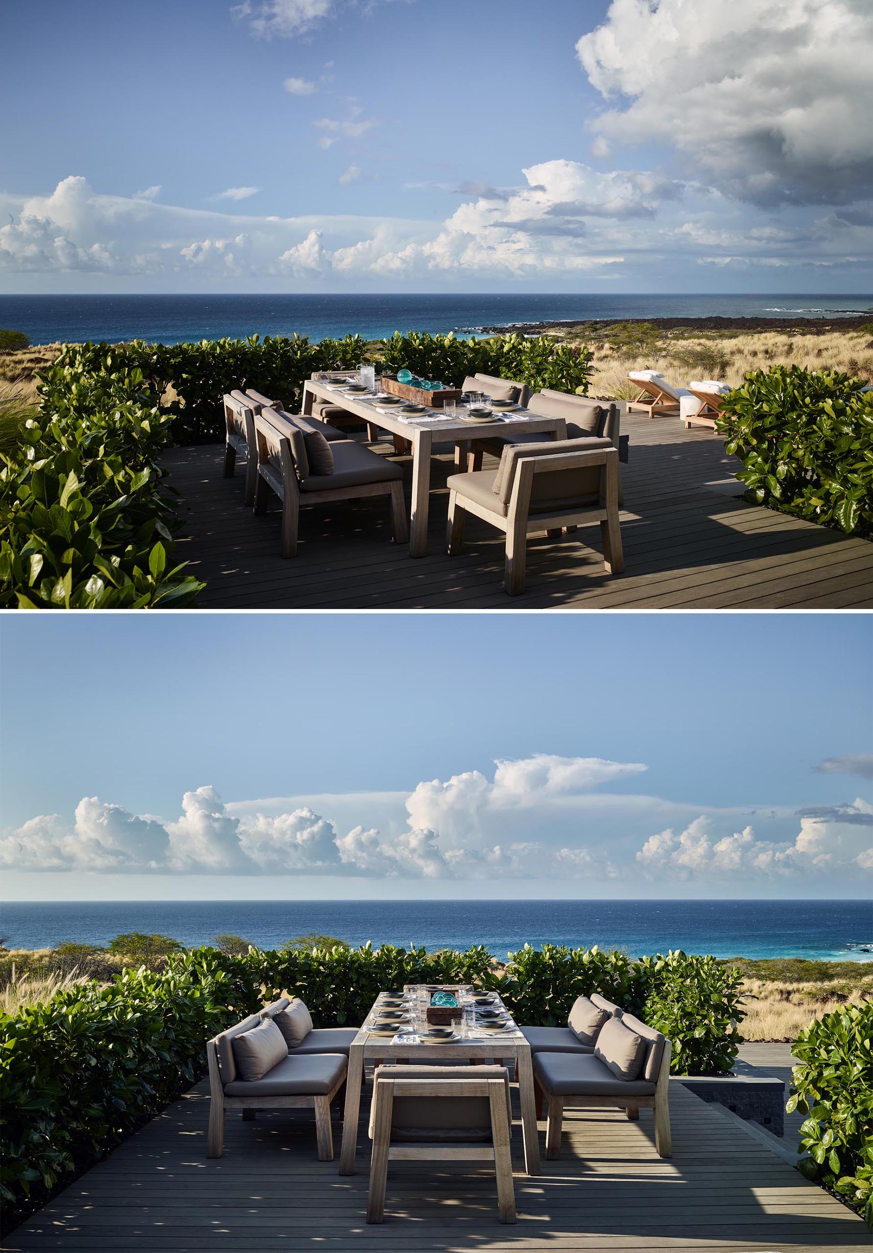 A swimming pool deck that continues to create an alfresco dining area.