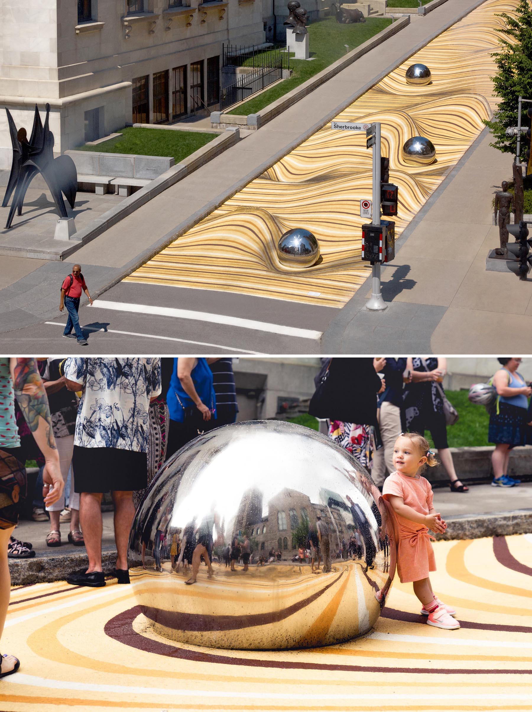 A public mural in Montreal that manipulates the street surface, creates the illusion of large ripples, and has large balls that reflect its surroundings.