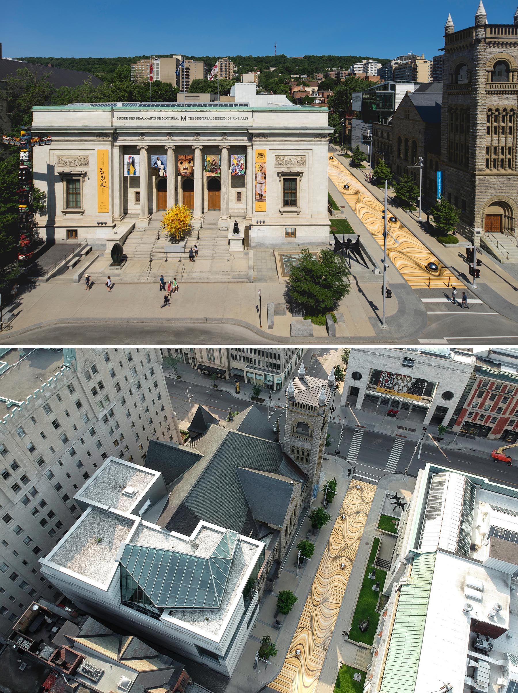 A large scale public mural in Montreal that manipulates the street surface and creates the illusion of large ripples.