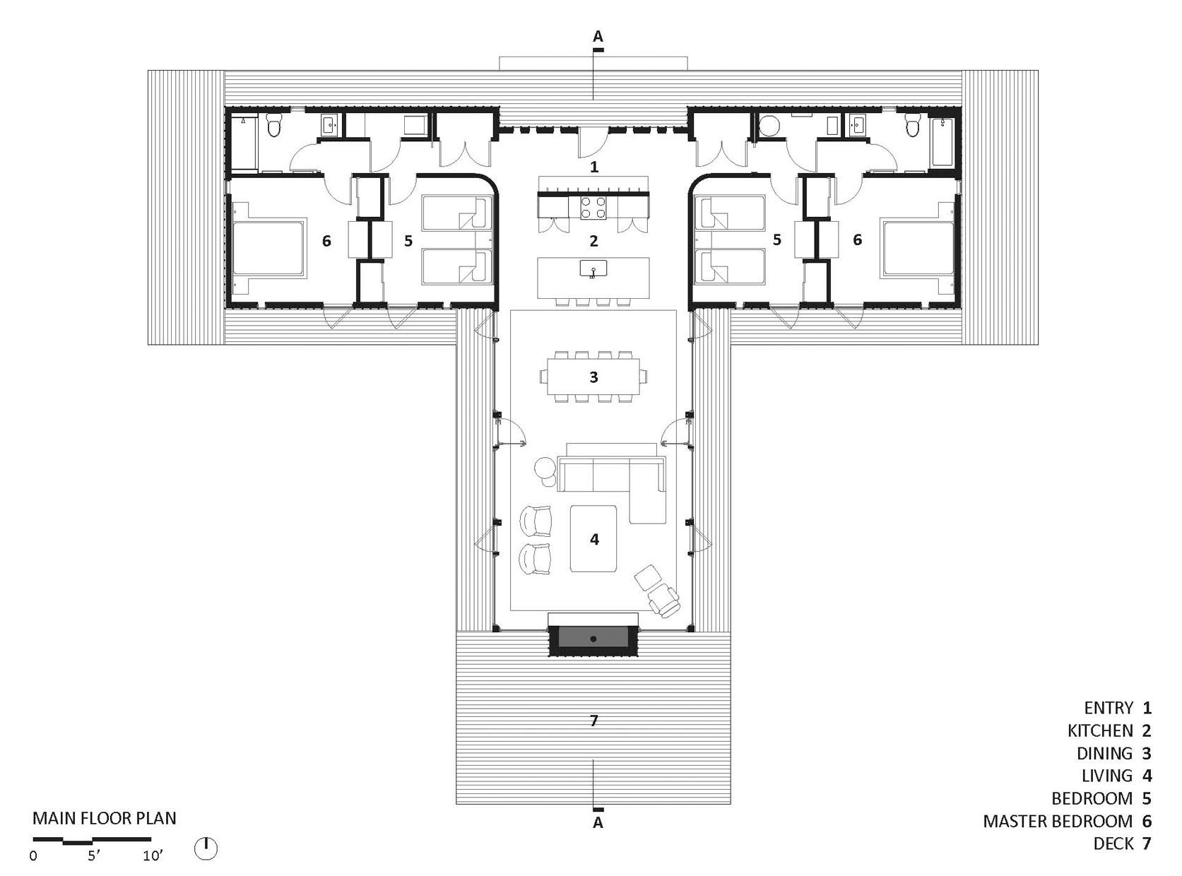 A modern house with a T-shaped floor plan.