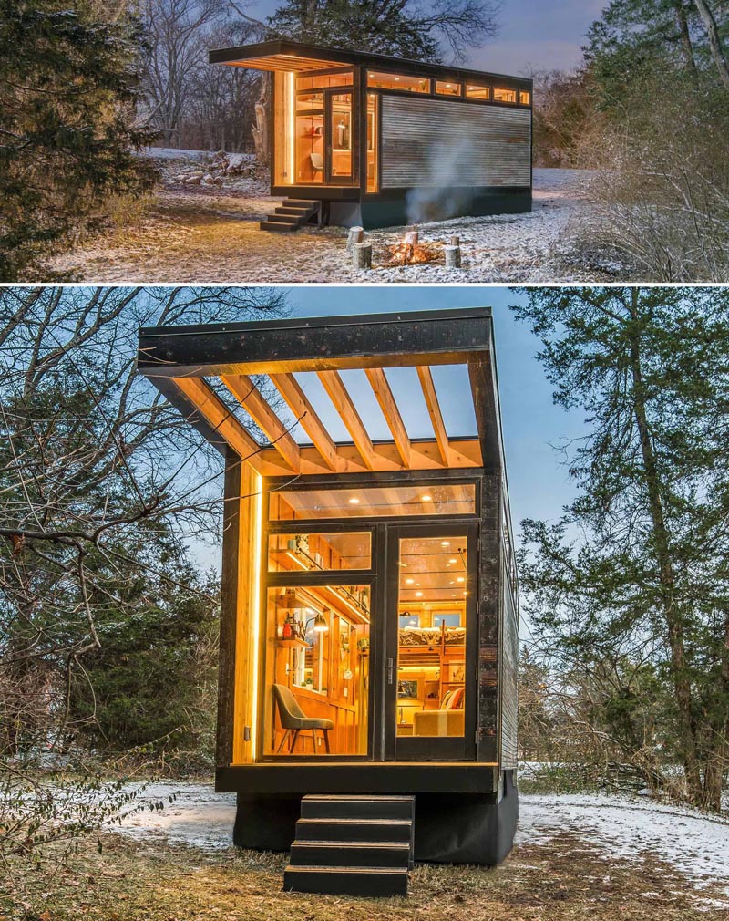 This modern tiny house has corrugated metal siding, shou sugi ban cedar trim, and a cantilevered deck and pergola.