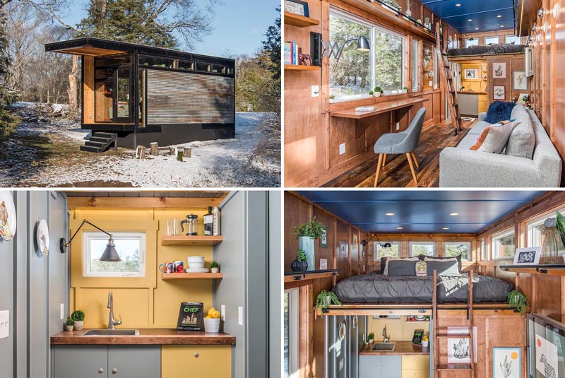 A tiny house with cedar and corrugated metal siding, a fold-out desk, a loft bedroom, and a colorful kitchen.