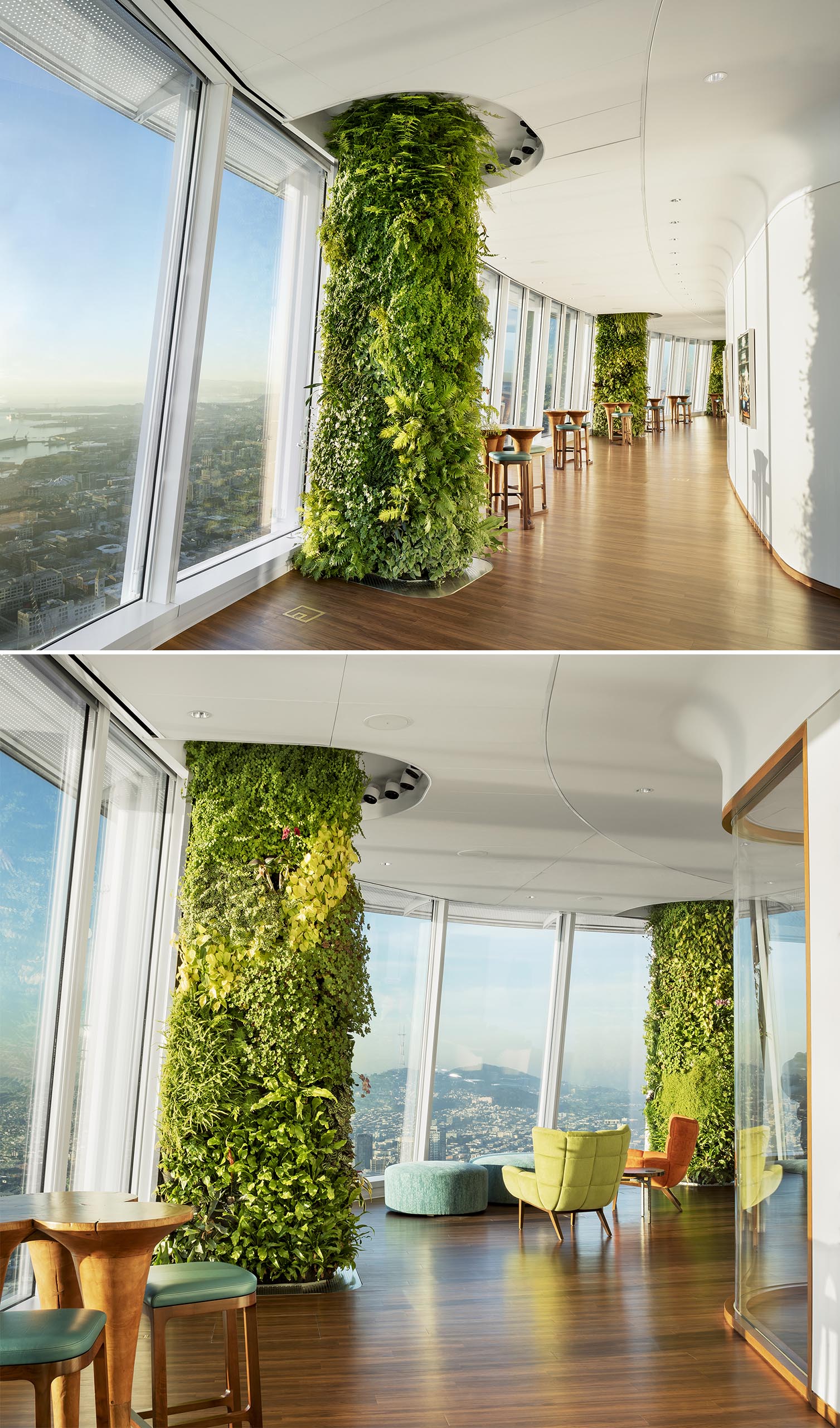 13 foot high vertical gardens have  been used to hide building columns and add a natural element to an office building.