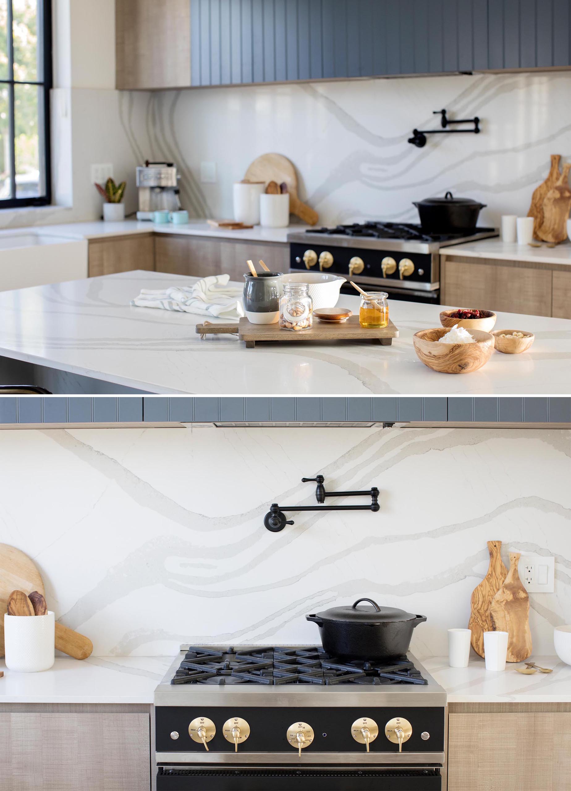 A modern kitchen with marbled backsplash and matching countertops.