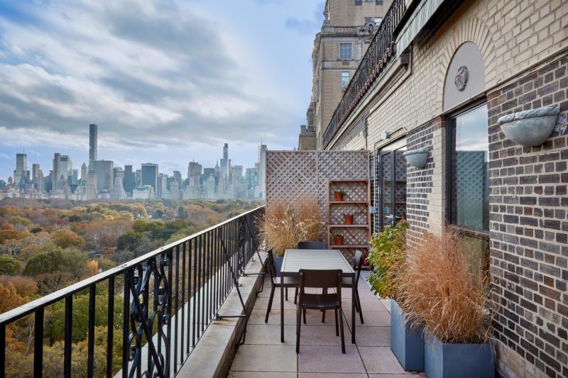 An apartment balcony with views of Central Park.