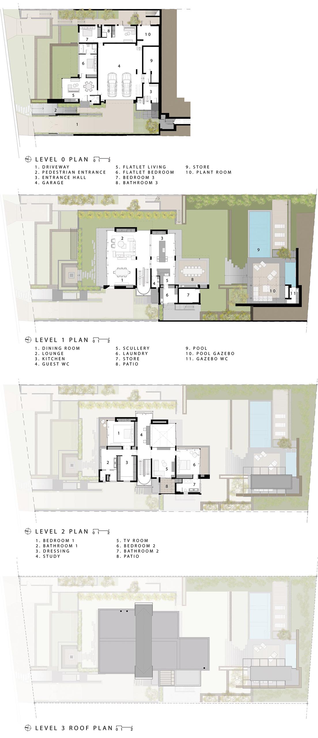 The floor plan of a modern multi-story home with landscaped yard.