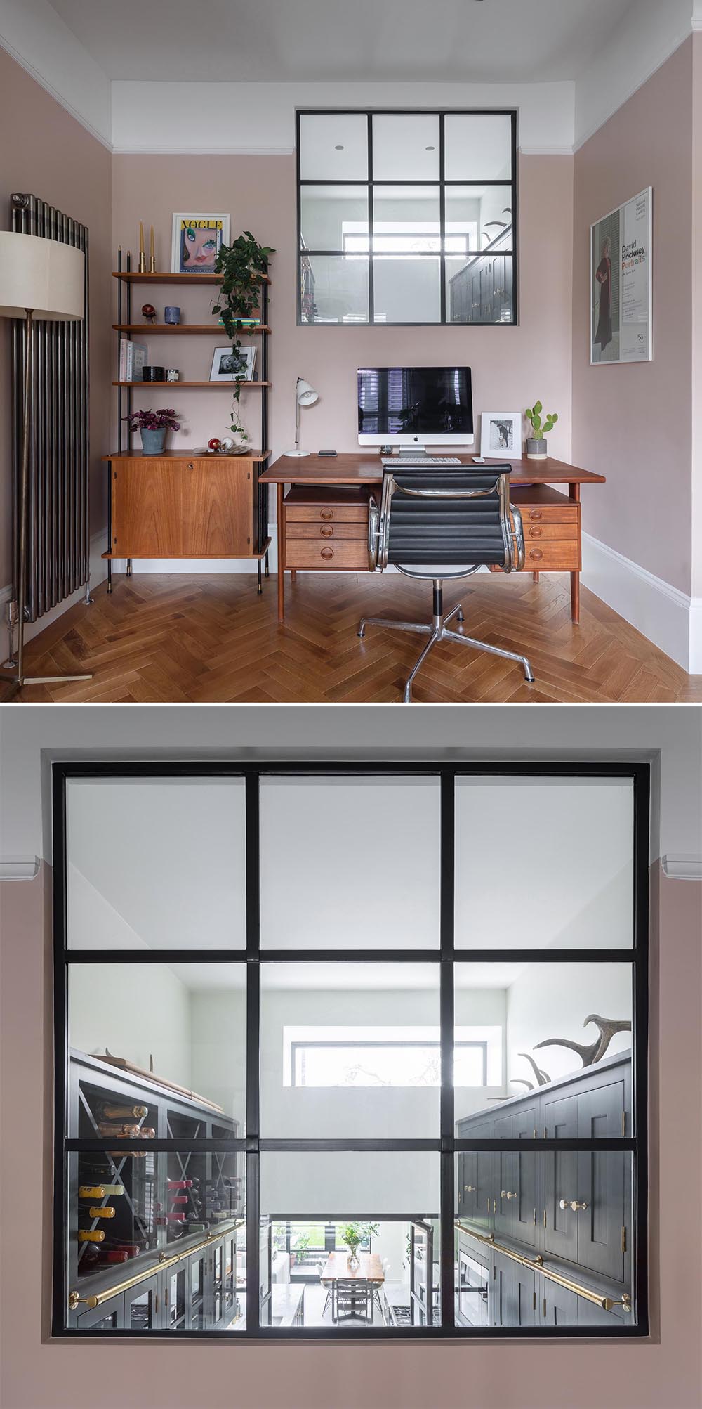 A living room with blush pink walls, and a small home office with an interior window.