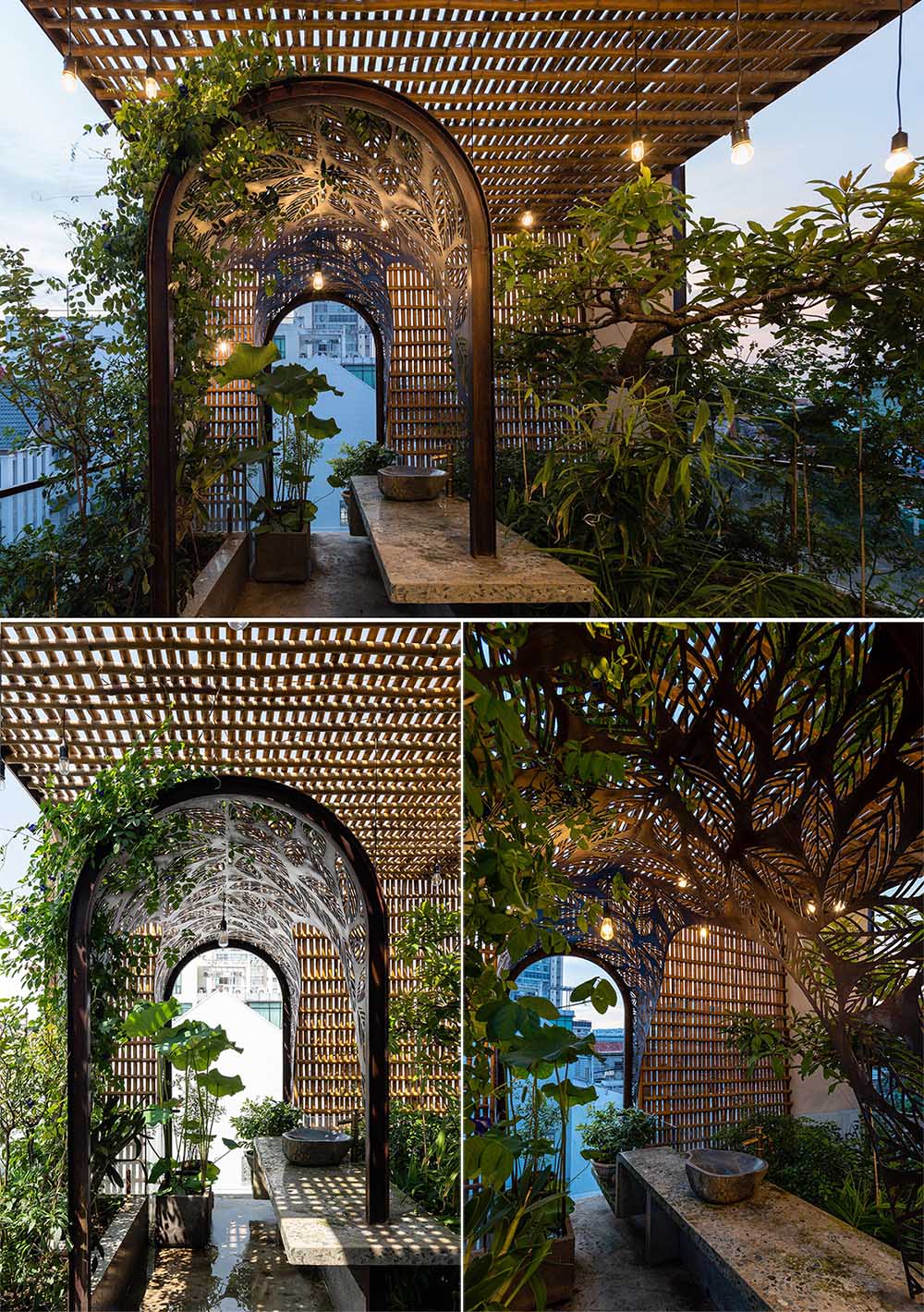 At the top of a modern house there's an outdoor space with an arched arbor, with plants that complement the leaf motif.