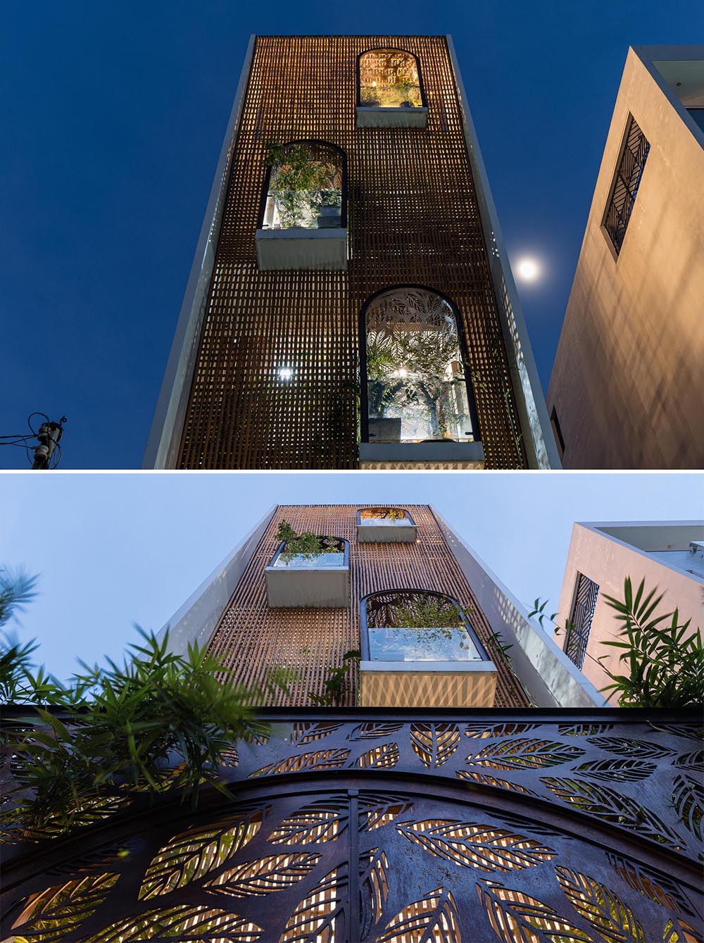 A modern home in Vietnam that has decorative metal screens with a leaf motif.