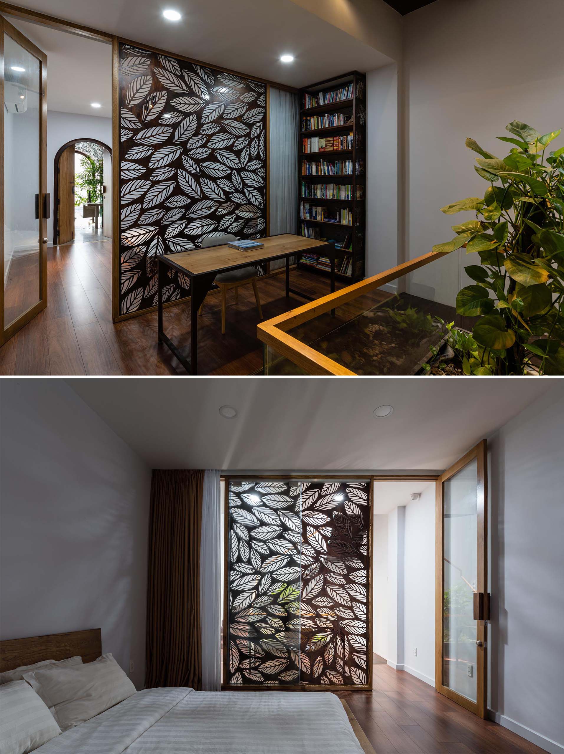 In this modern home, a small home office has been set up off the hallway, with the wall of the bedroom acting as a decorative leaf motif accent wall.