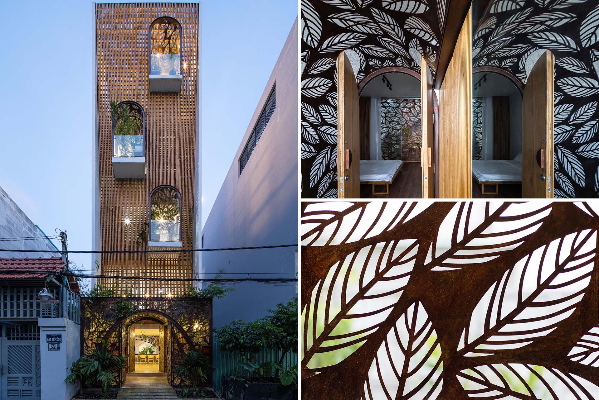 A modern home in Vietnam that has decorative metal screens with a leaf motif.