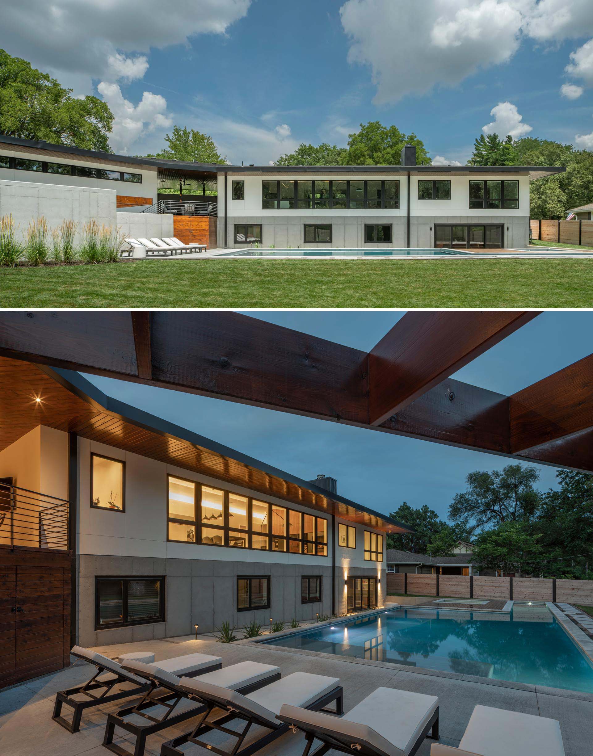 A mid-century modern inspired home with large landscaped yard, a swimming pool with a hot tub, a pool house, outdoor shower, and a deck.