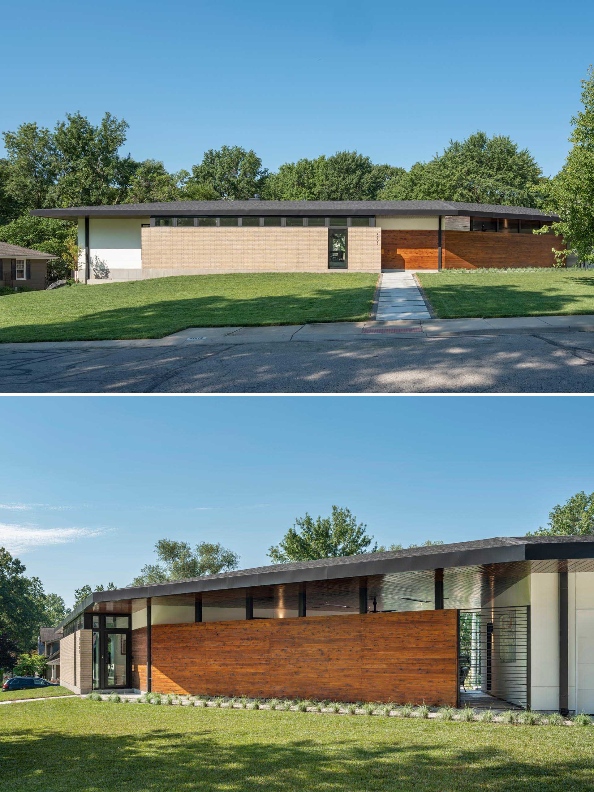 The exterior of a mid-century modern inspired house features materials like light buff brick, white stucco, and exposed concrete, all of which are accented by stained cedar.