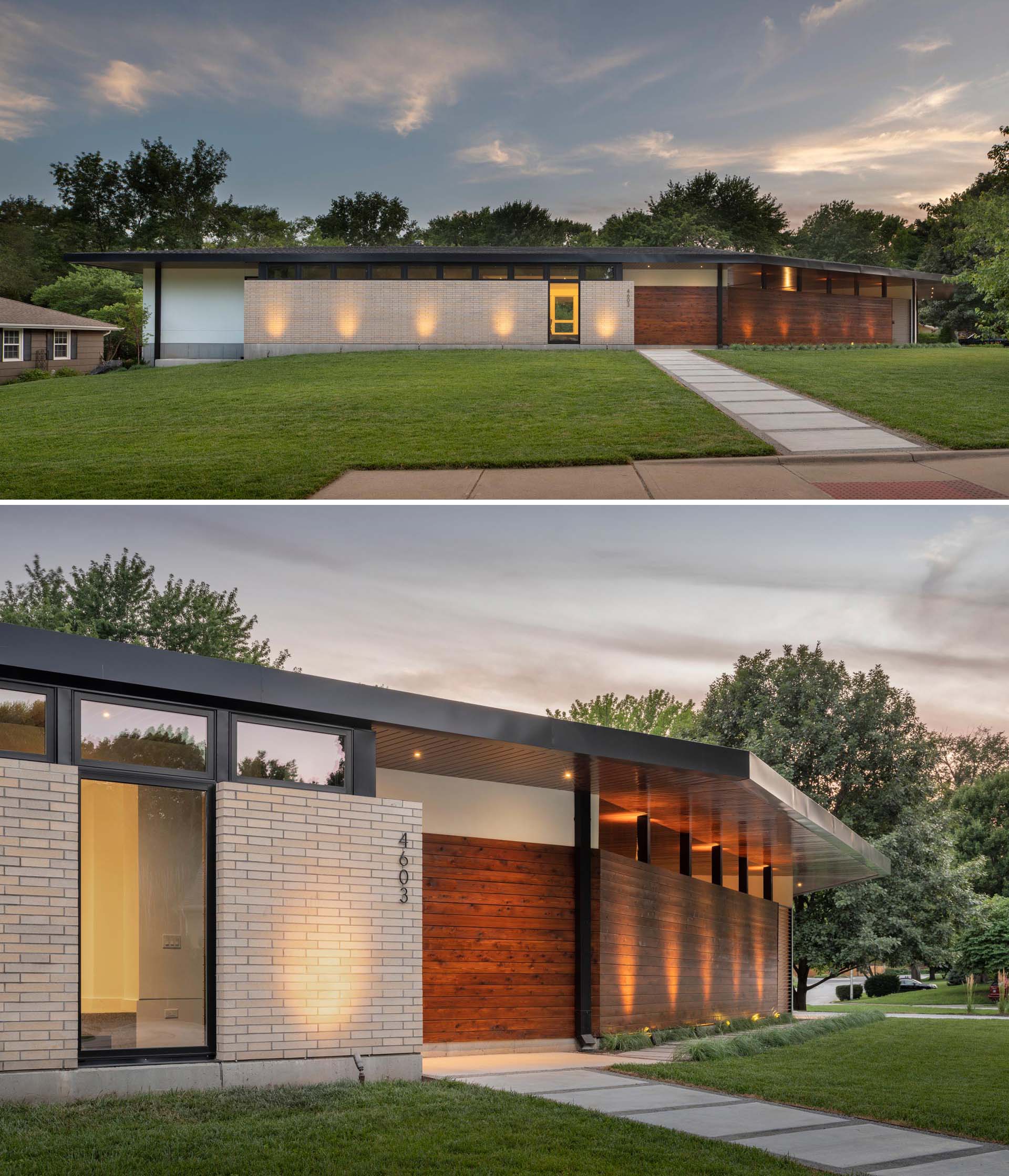 The exterior of a mid-century modern inspired house features materials like light buff brick, white stucco, and exposed concrete, all of which are accented by stained cedar, and highlighted by accent lighting at night.