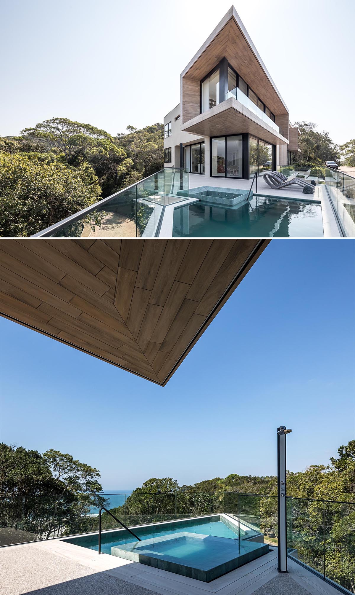 This modern house has a swimming pool, and it's easy to see when looking up at it from below, how cantilevered it is.