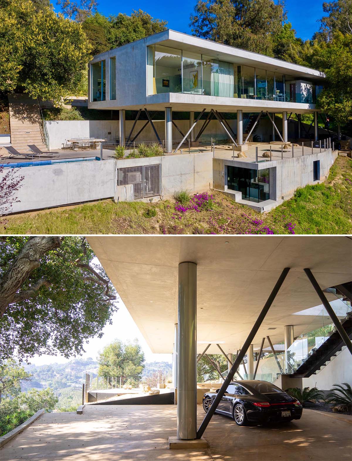 A modern home with a swimming pool and underground home office.