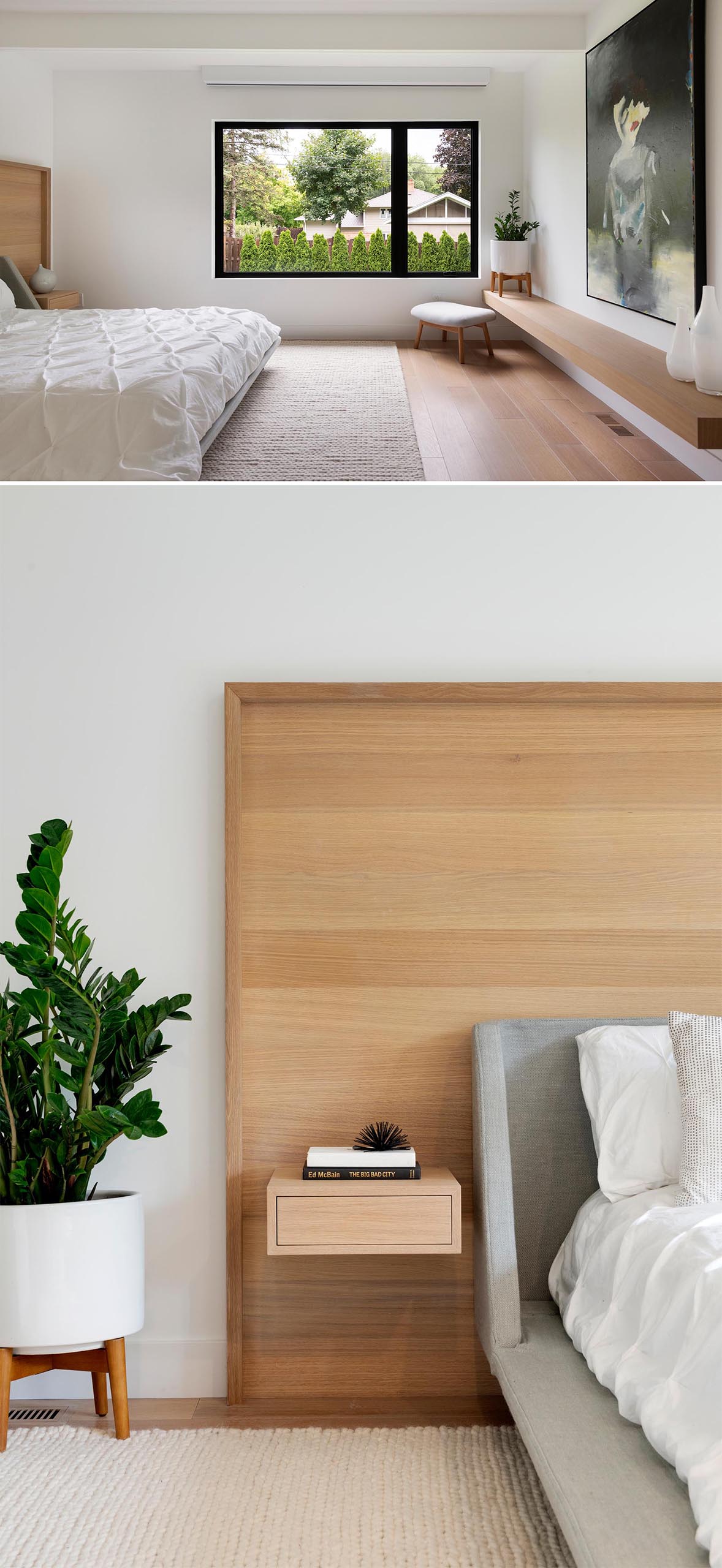 A modern bedroom with wood headboard and built-in side tables adds a natural element and complements the floating wood shelf on the opposite wall.