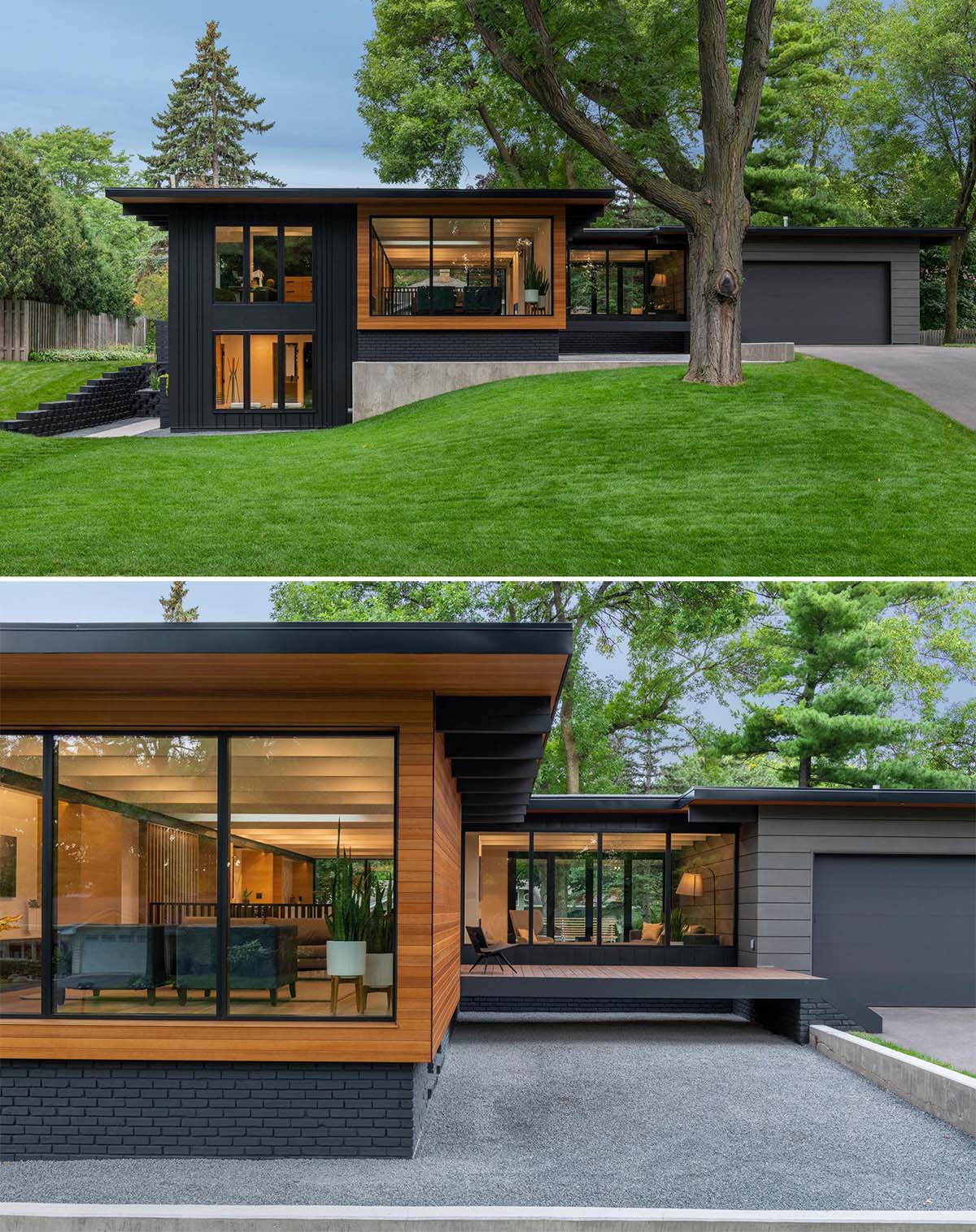 A remodeled mid century modern house with a black and wood exterior.