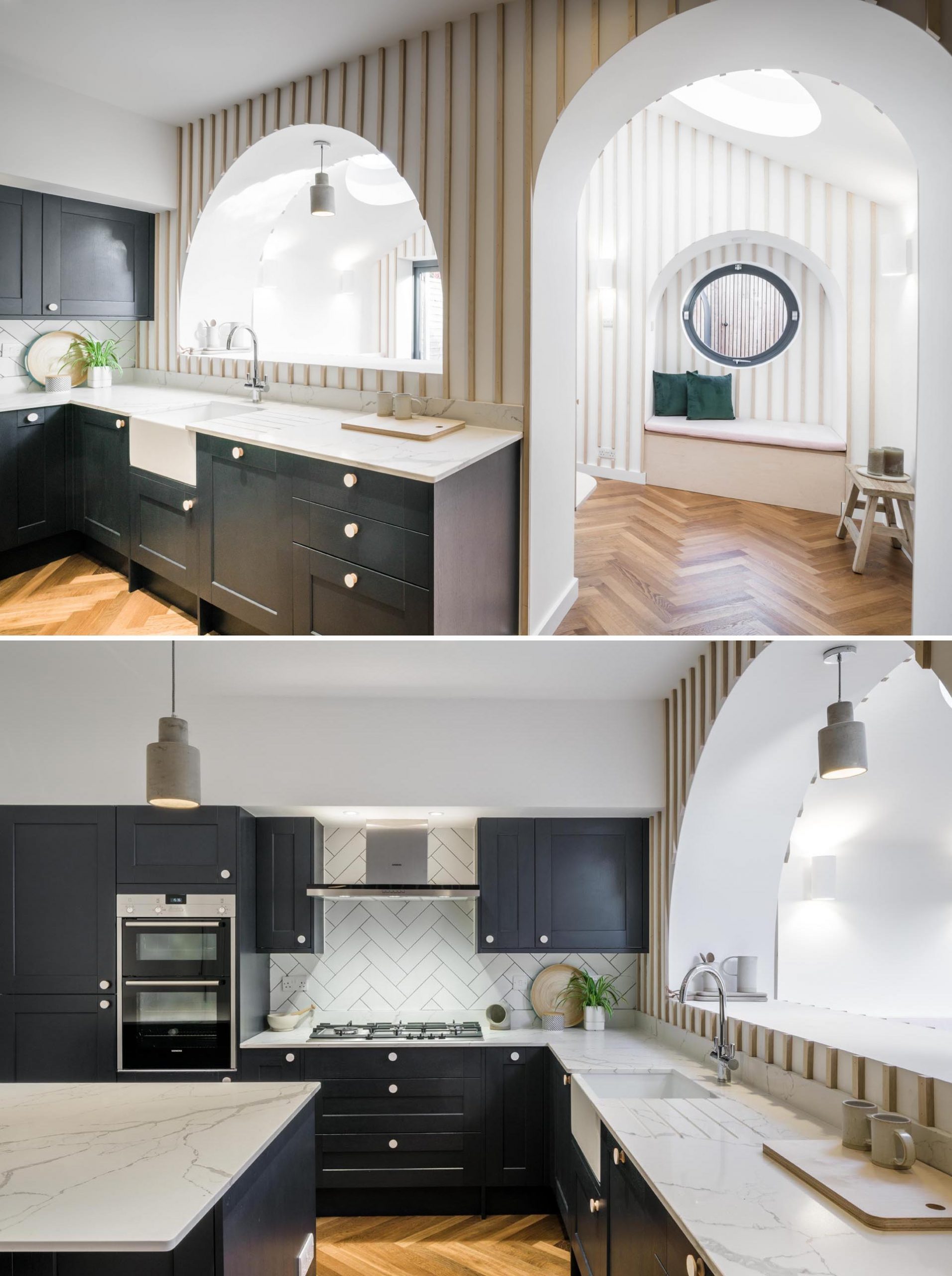 In this contemporary kitchen, black cabinets contrast the white countertop, while an arched pass-through connects to the dining area.