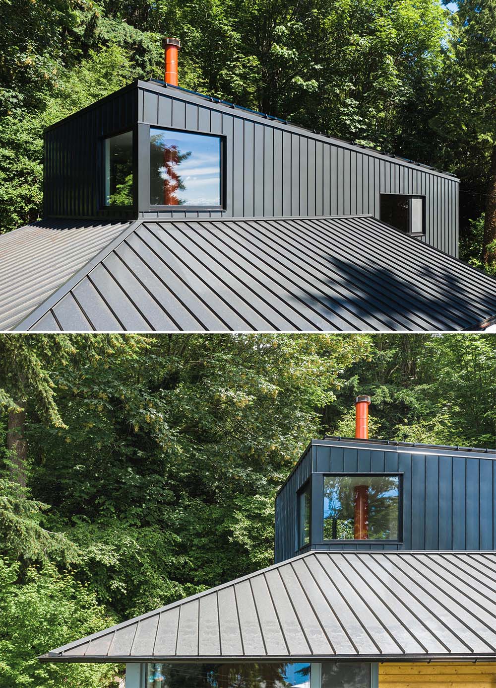 A black metal roof on a modern home.