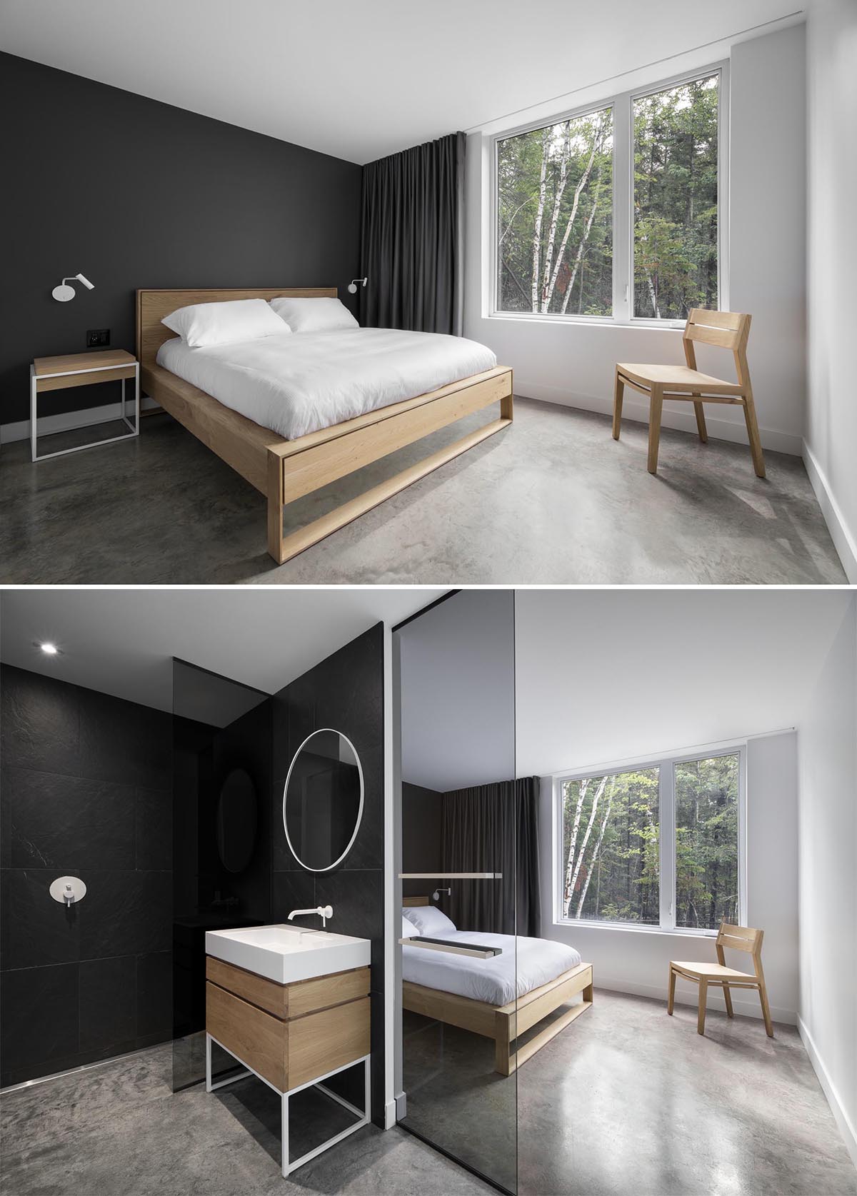 A modern bedroom with a matte black accent wall, and matching black curtains, and a black and white en-suite bathroom.