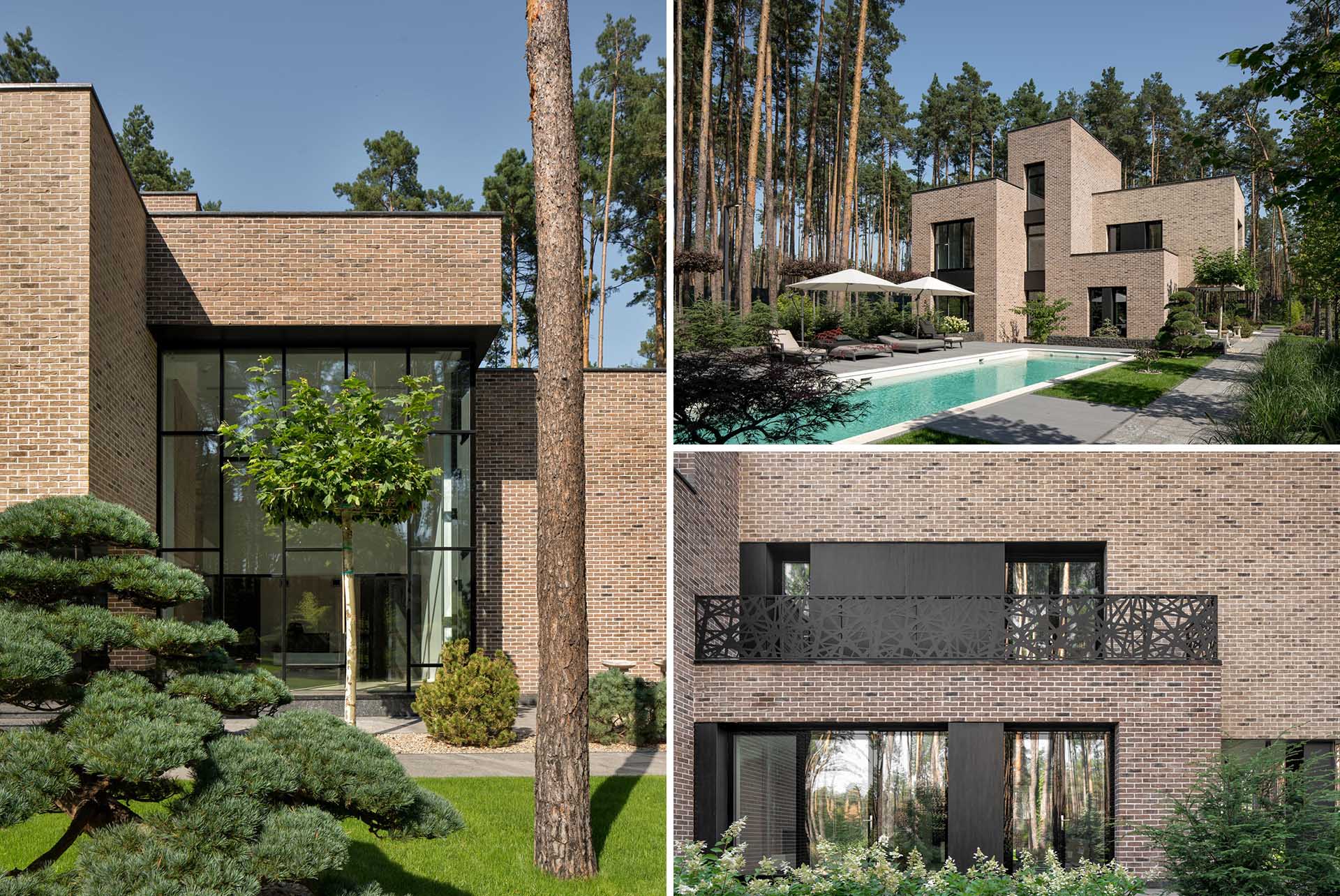 Surrounded by forest, the 'BST House', which also has a guest house, features a facade of hand-formed brick.