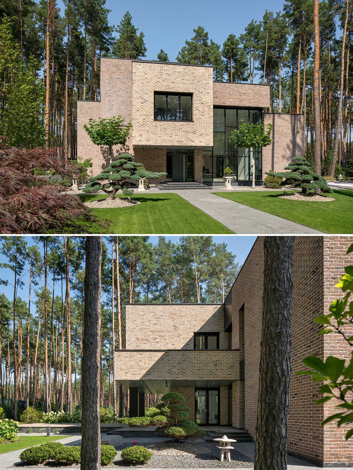 Surrounded by forest, the 'BST House', which also has a guest house, features a facade of hand-formed brick.