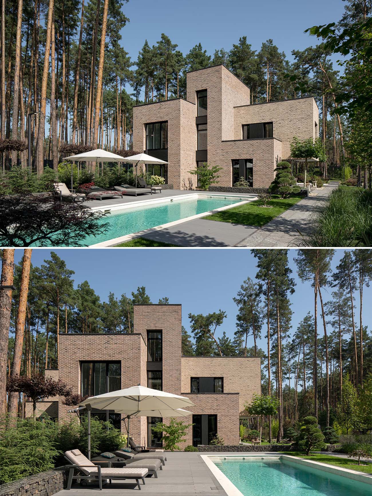 This modern brick house has a long rectangular swimming pool with a deck furnished with sun loungers on one side, and a path on the other.