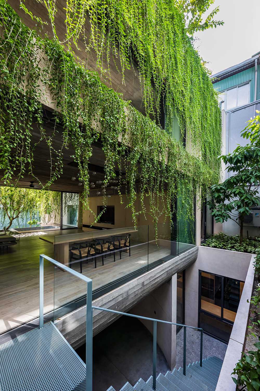 A modern mutli-storey house with overhanging plants.