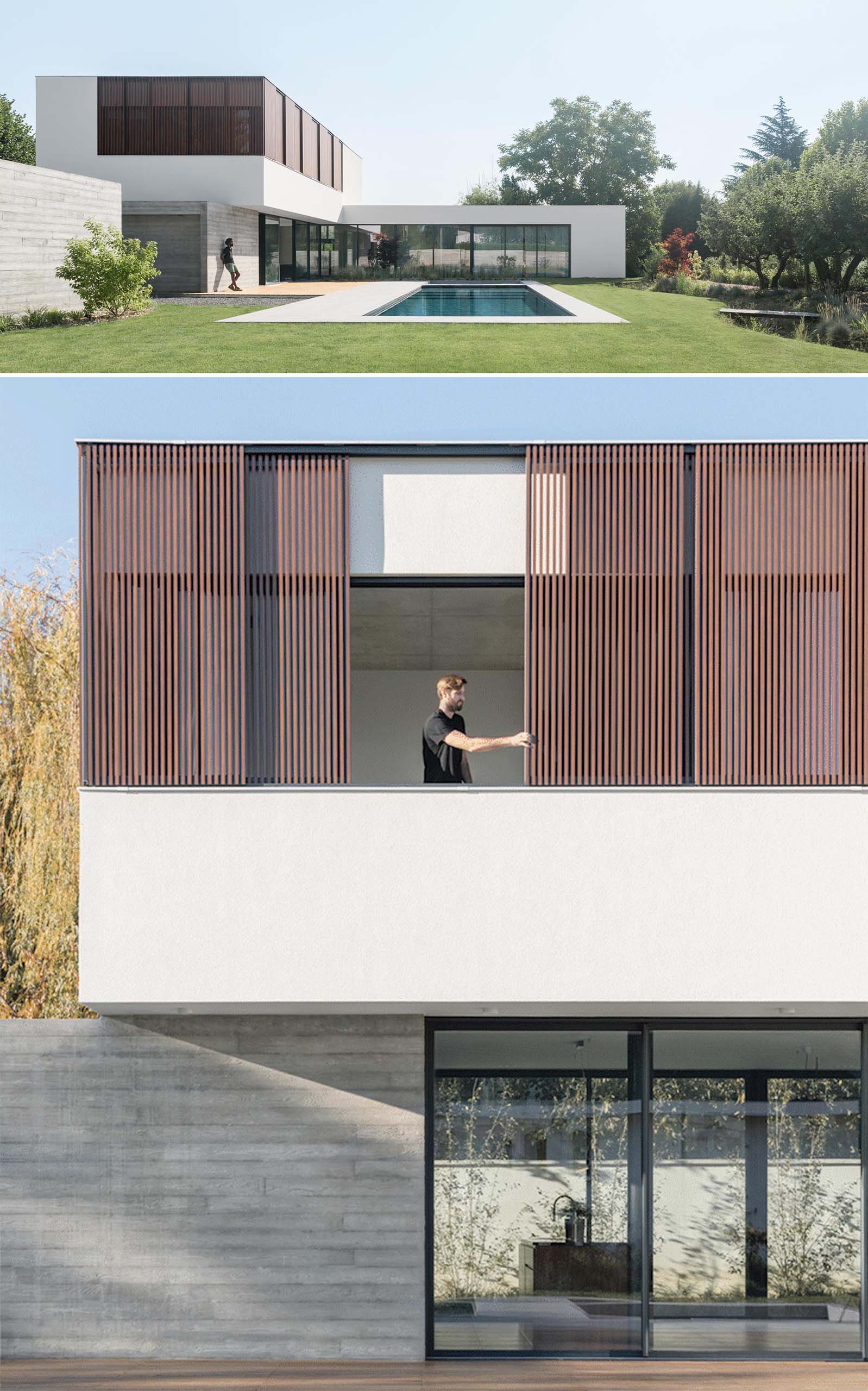 An L-shaped house with wood screens, a terrace, swimming pool, and conversation pit.