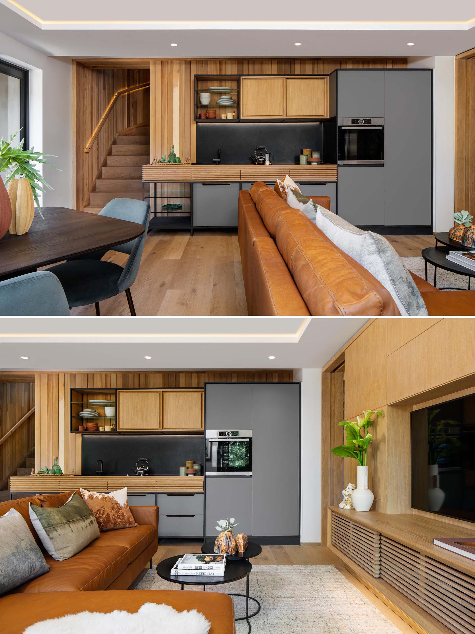 A modern guest suite with a kitchenette, living room, dining area, and separate bedroom with en-suite.