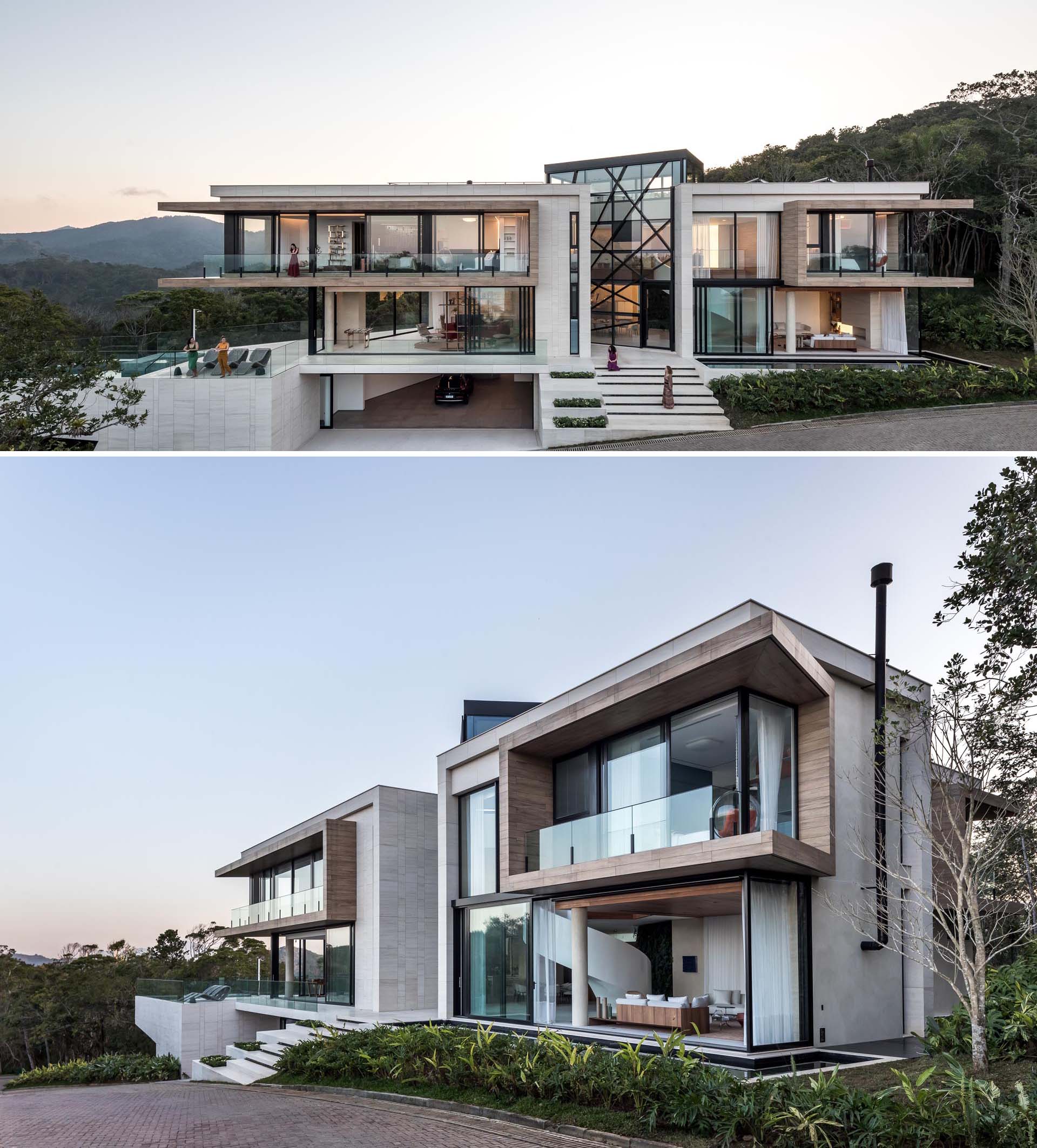 A modern house with multiple levels also has a cantilevered swimming pool.