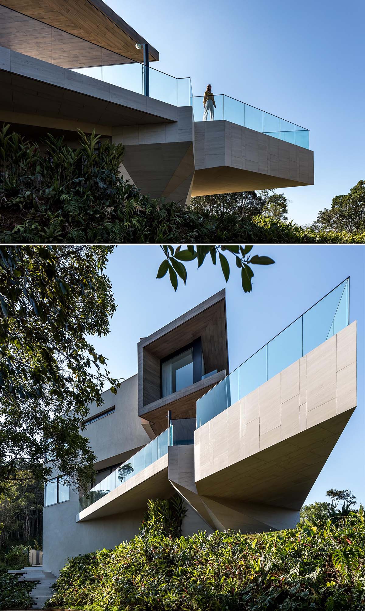 This modern house has a swimming pool, and it's easy to see when looking up at it from below, how cantilevered it is.