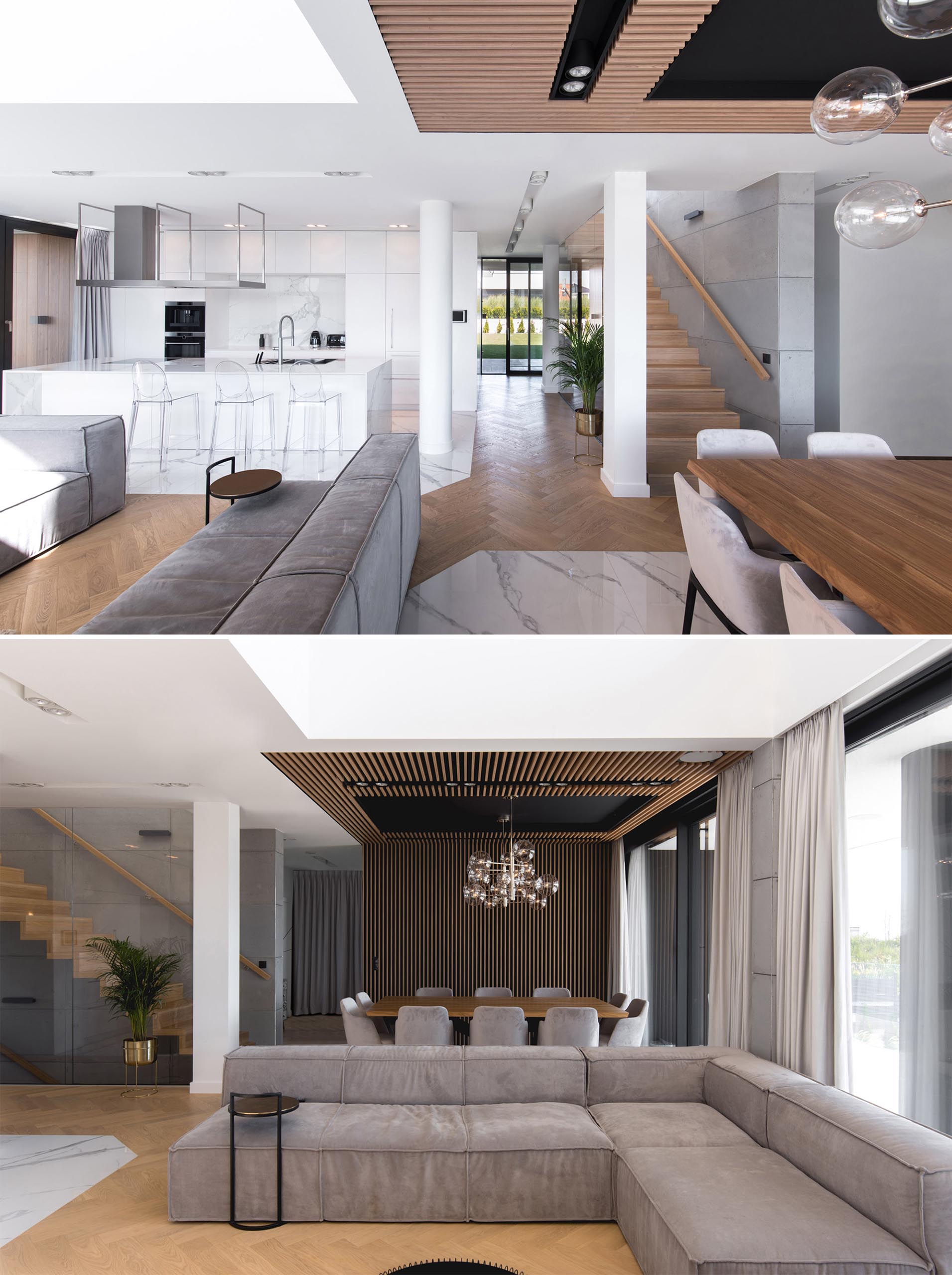 Inside this modern home, the living room and dining room are open plan. A wood slat accent wall in the dining room carries on to the ceiling, helping to define the area.