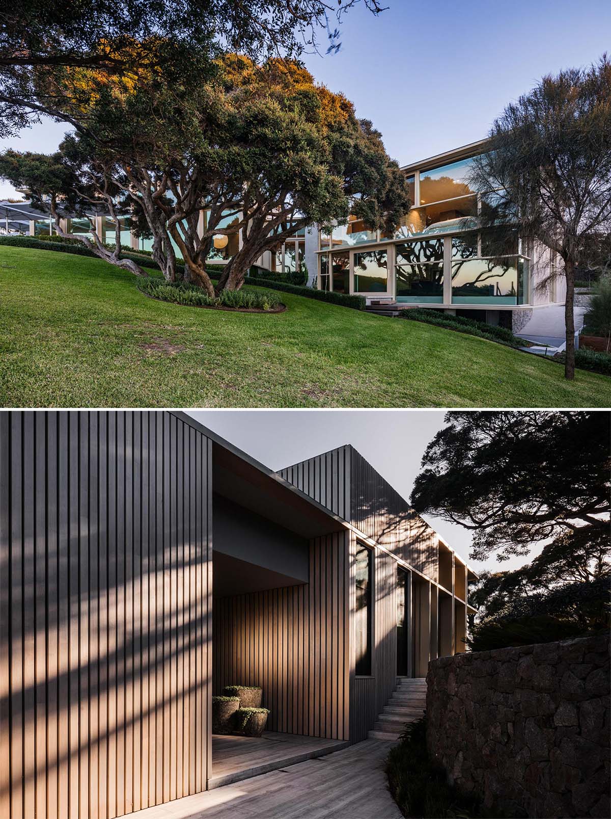 A modern house with a wall of windows.